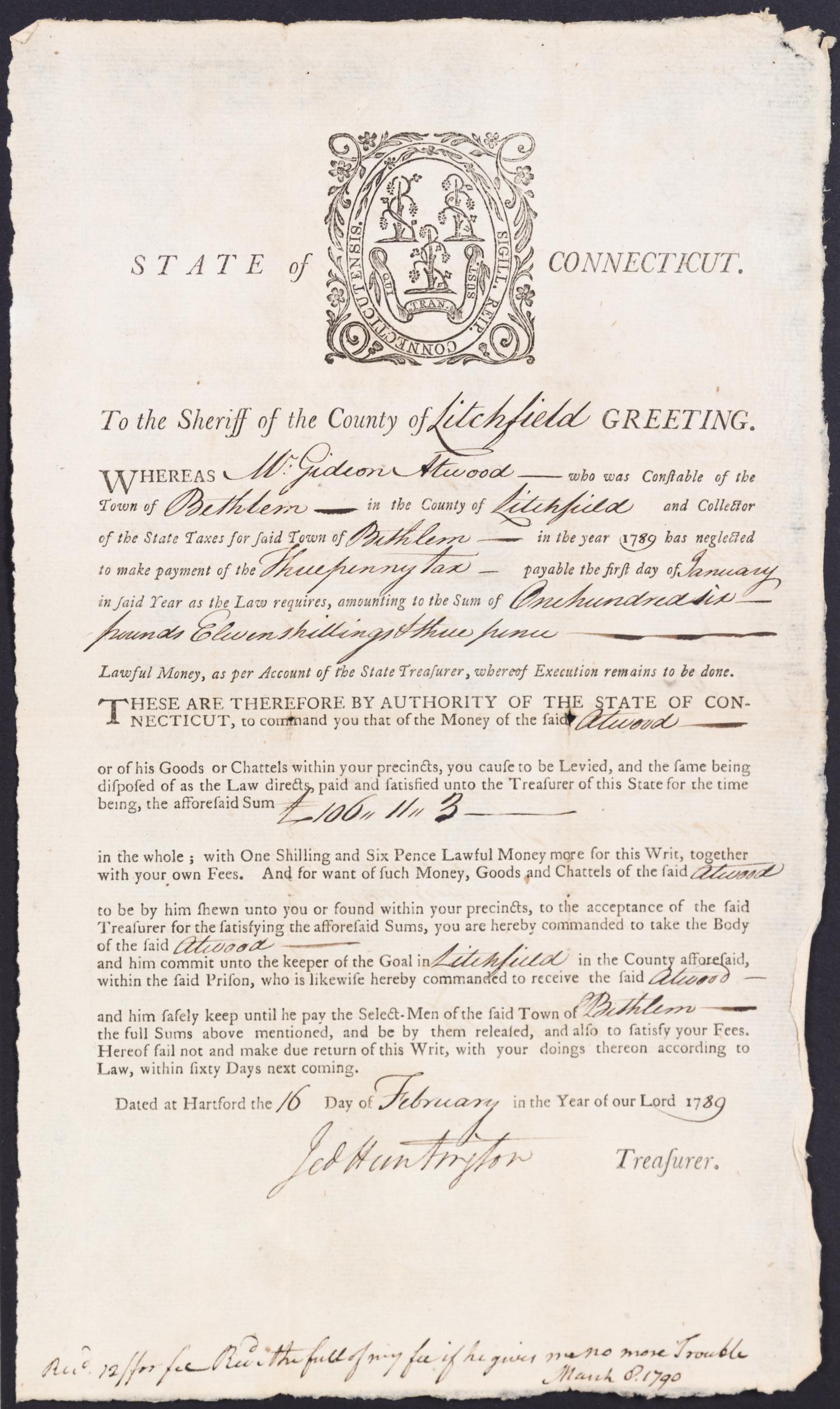 HUNTINGTON, JEDEDIAH. Partially printed document signed as State Treasurer ("Jed Huntington"), Hartford, 1789.