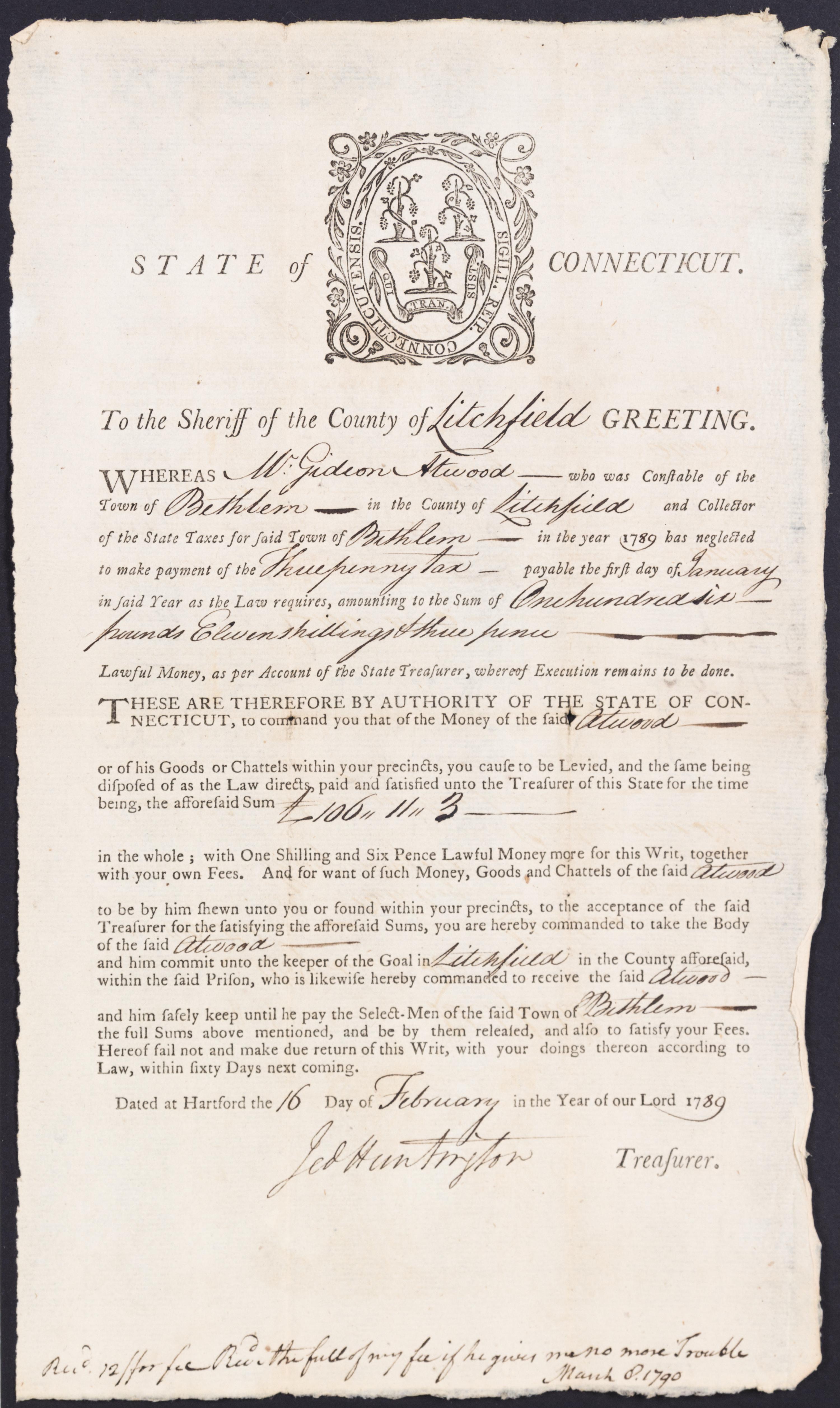 HUNTINGTON, JEDEDIAH. Partially printed document signed as State Treasurer ("Jed Huntington"), Hartford, 1789.