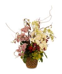A Faux Orchid Floral Arrangement in a Ceramic Pot — 20th Century