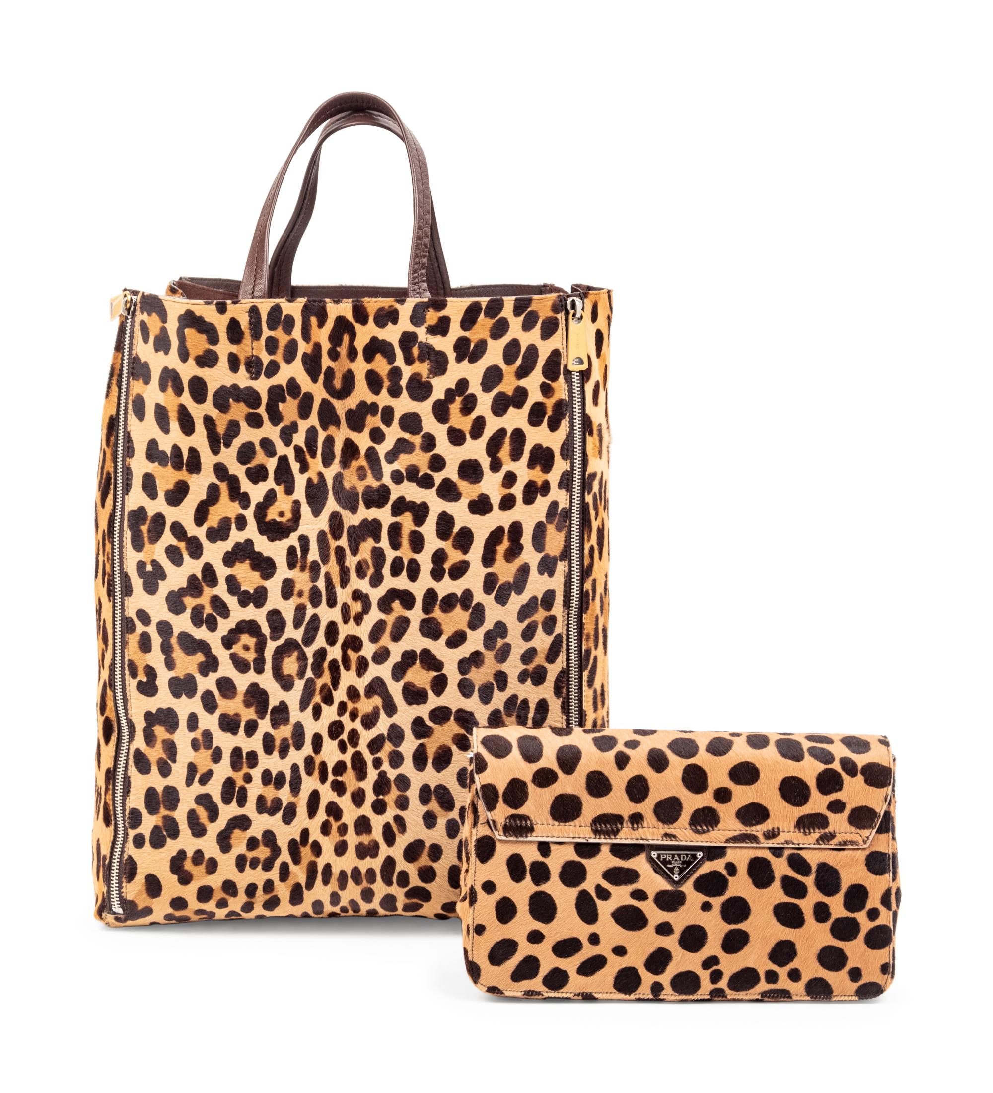 Two Designer Pony Hair Bags: One Céline Leopard Print Tote and One Prada Animal Print Clutch