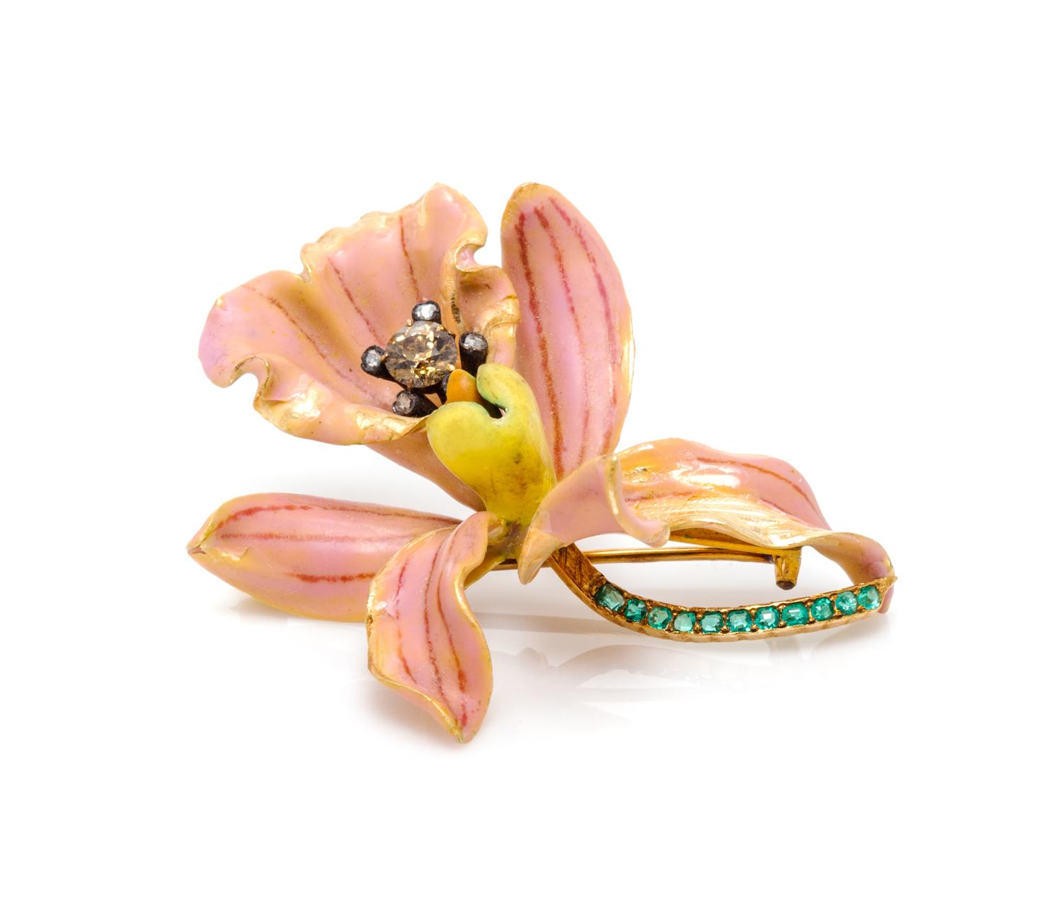 An Art Nouveau Yellow Gold, Polychrome Enamel, Diamond and Emerald "Style No. 4: Calanthe Veitchii" Orchid Brooch, Paulding Farnham for