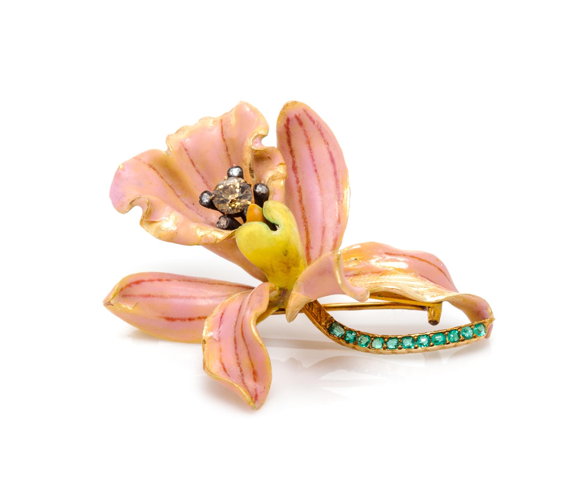 An Art Nouveau Yellow Gold, Polychrome Enamel, Diamond and Emerald "Style No. 4: Calanthe Veitchii" Orchid Brooch, Paulding Farnham for