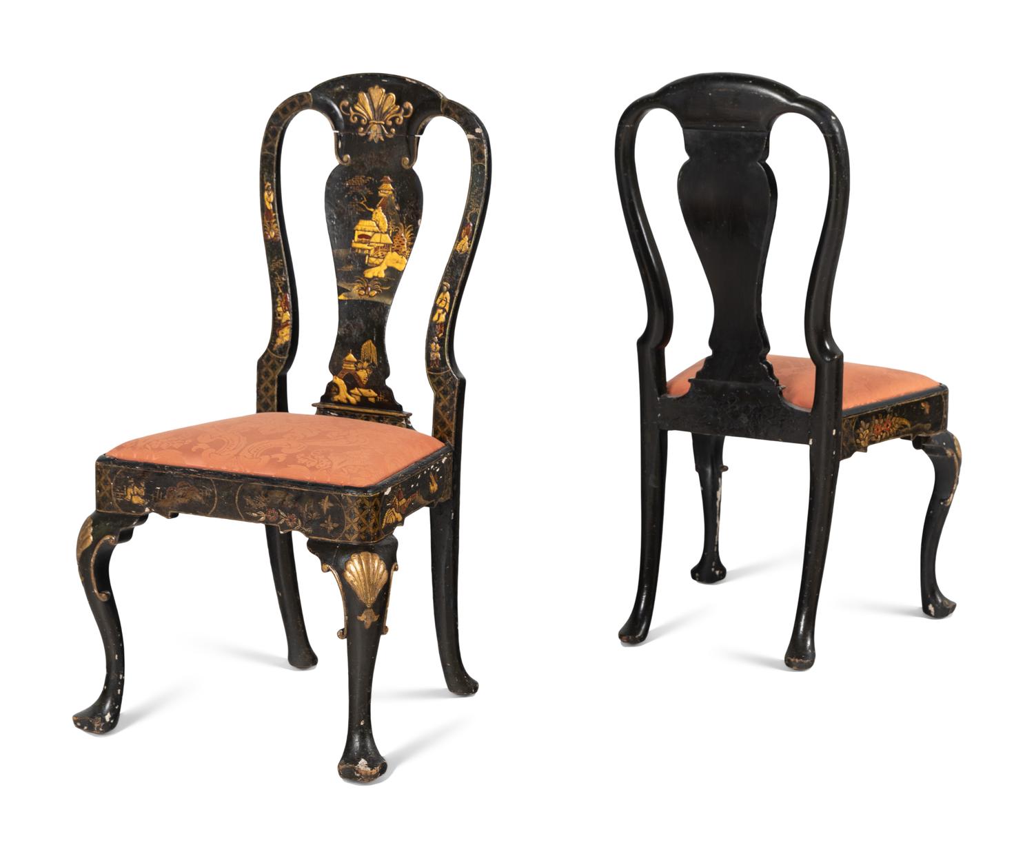 A Pair of Queen Anne Style Black Japanned Side Chairs