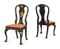 A Pair of Queen Anne Style Black Japanned Side Chairs