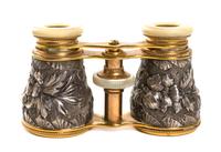 A Pair of French Silvered and Mother-of-Pearl Veneered Opera Glasses, Width 4 1/8 inches.