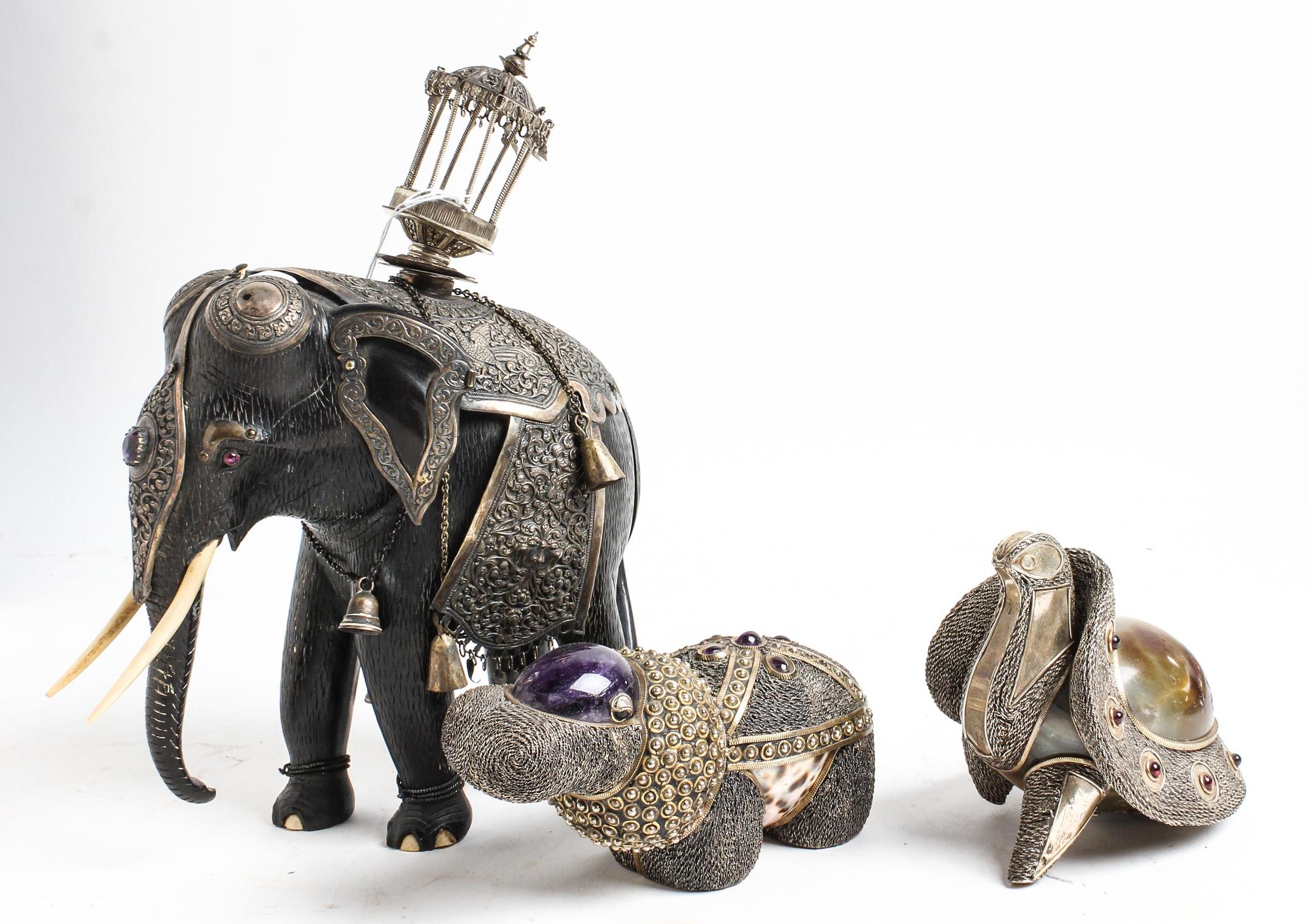 Three Silver-Clad and Silver Filigree Hardstone-Mounted Articles Height of tallest 11 inches. — 20TH CENTURY