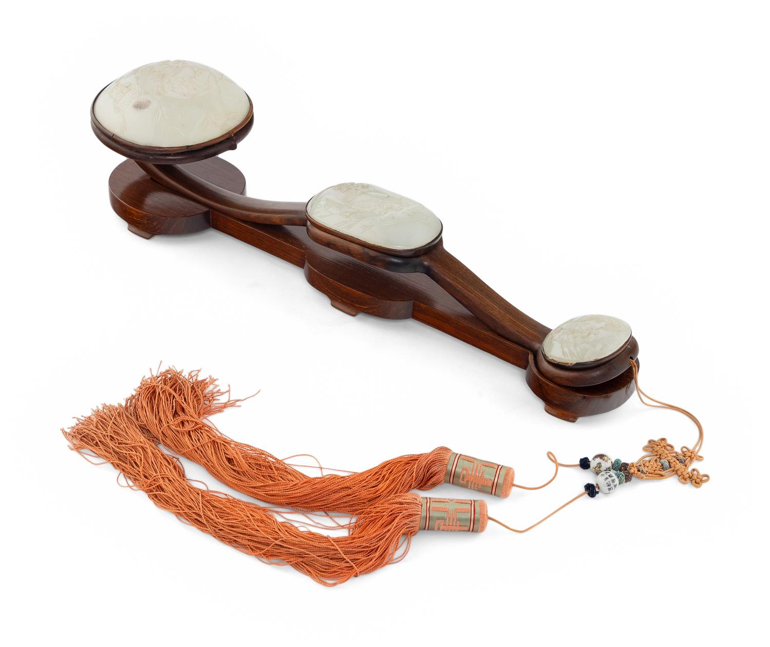 A Chinese White Jade Inset Wood Ruyi Scepter