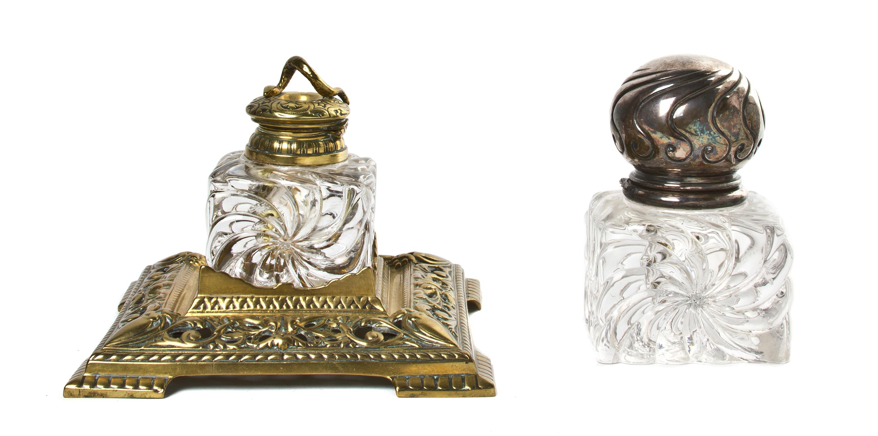 A French Silverplate and Molded Glass Inkwell, Height of first 5 1/2 inches.