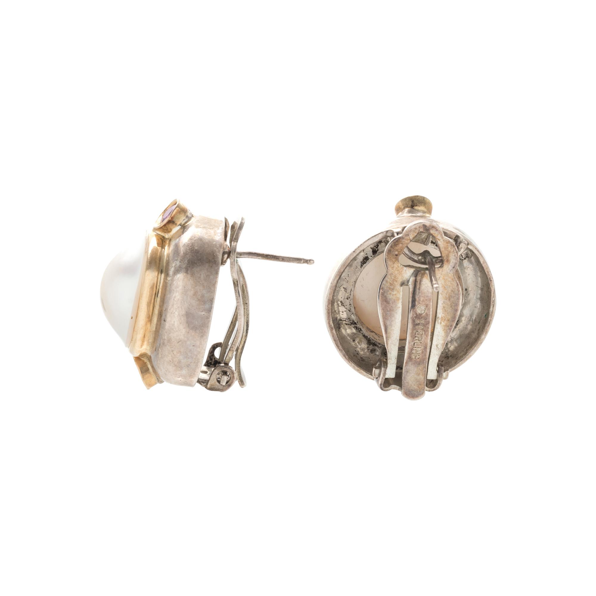 STERLING SILVER, YELLOW GOLD, CULTURED MABE PEARL AND RUBY EARCLIPS