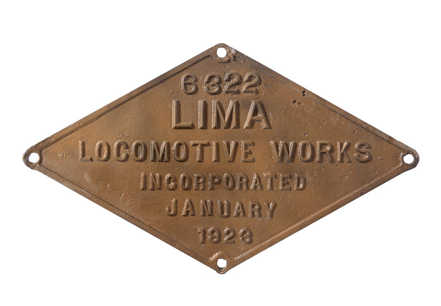 A Lima Locomotive Works Inc. Metal Locomotive Engine Badge