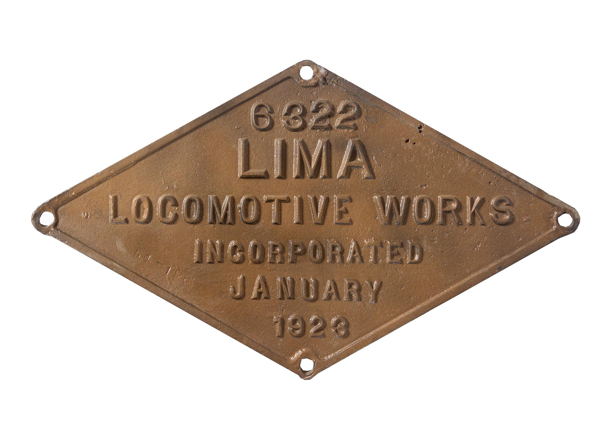 A Lima Locomotive Works Inc. Metal Locomotive Engine Badge