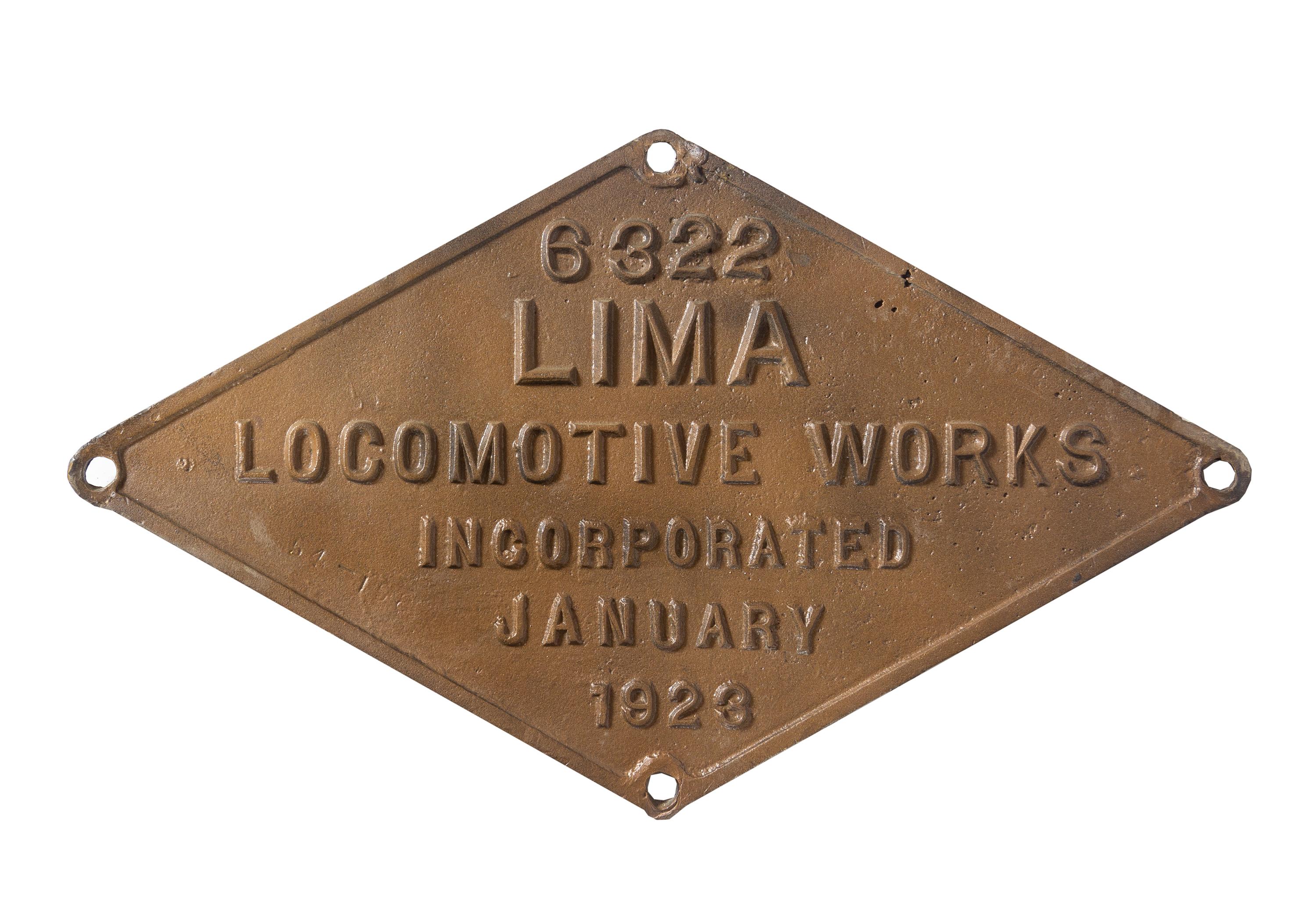 A Lima Locomotive Works Inc. Metal Locomotive Engine Badge