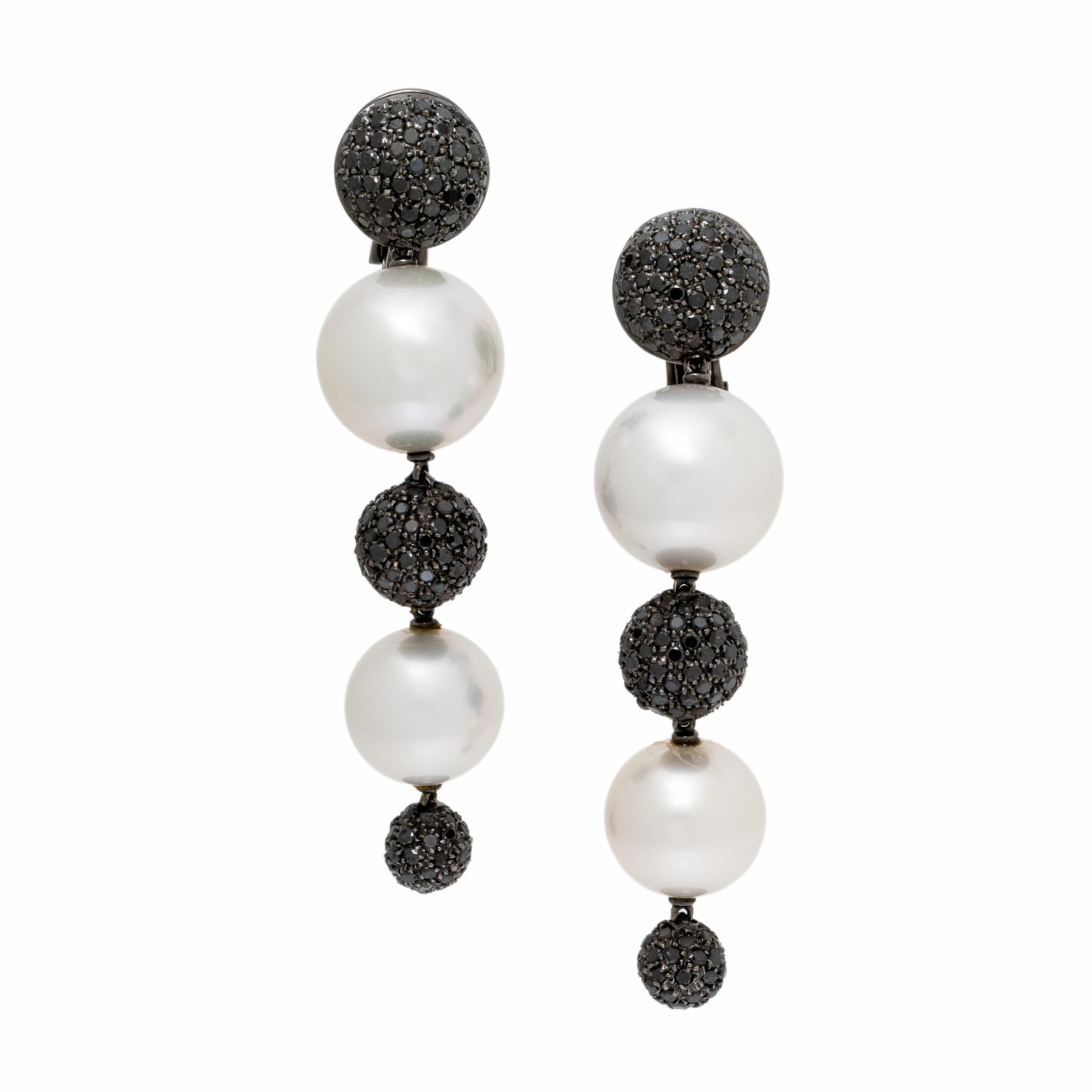 Black Diamond, Cultured Pearl, and Blackened Gold Earrings