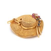 YELLOW GOLD, GEMSTONE AND DIAMOND HAT BROOCH