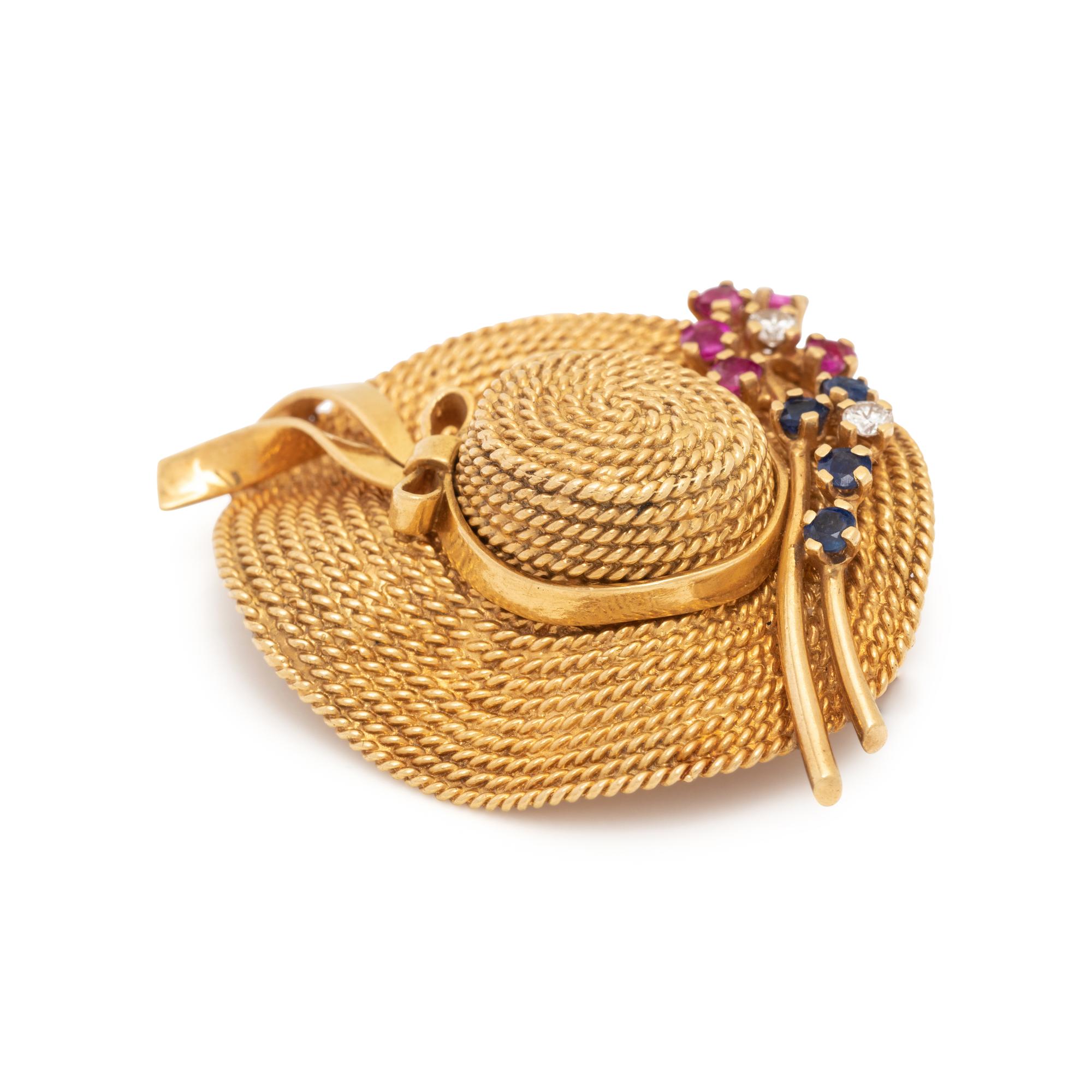 YELLOW GOLD, GEMSTONE AND DIAMOND HAT BROOCH