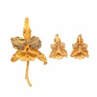 Bicolor Gold Orchid Earrings and Brooch