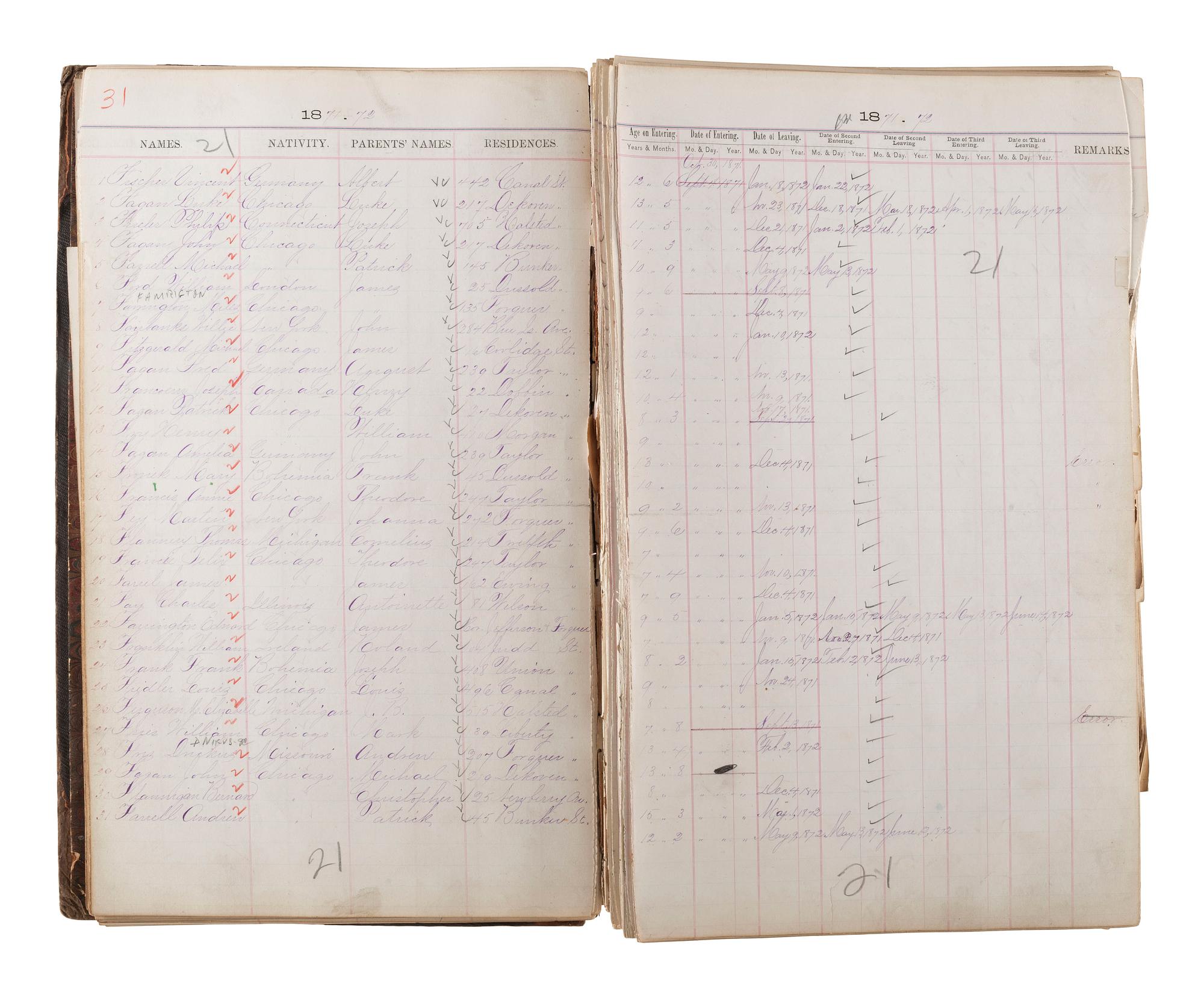 [CHICAGO FIRE]. Register of Admissions and Discharges in the Foster School, Chicago, Illinois, 1871-1872.