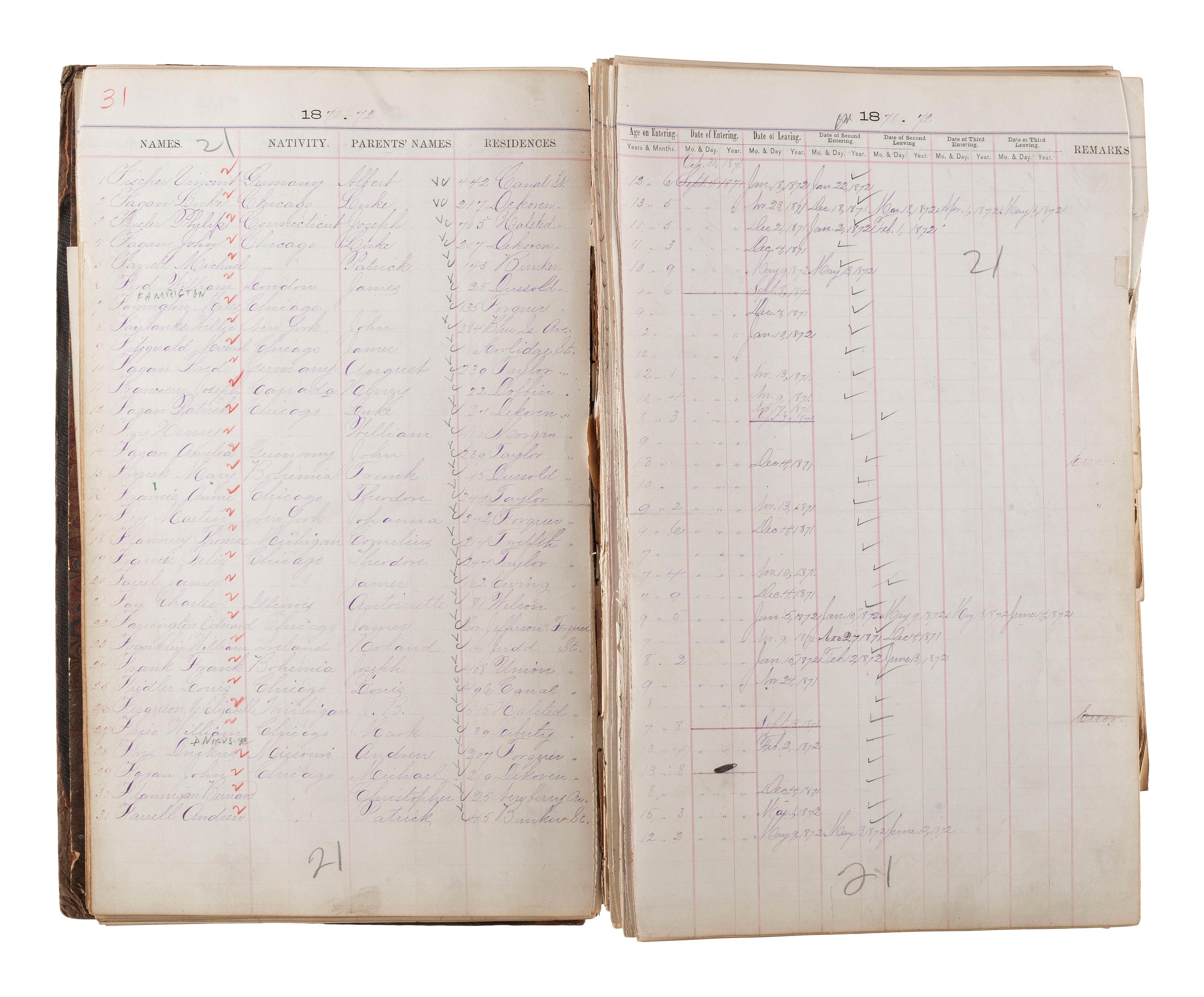 [CHICAGO FIRE]. Register of Admissions and Discharges in the Foster School, Chicago, Illinois, 1871-1872.