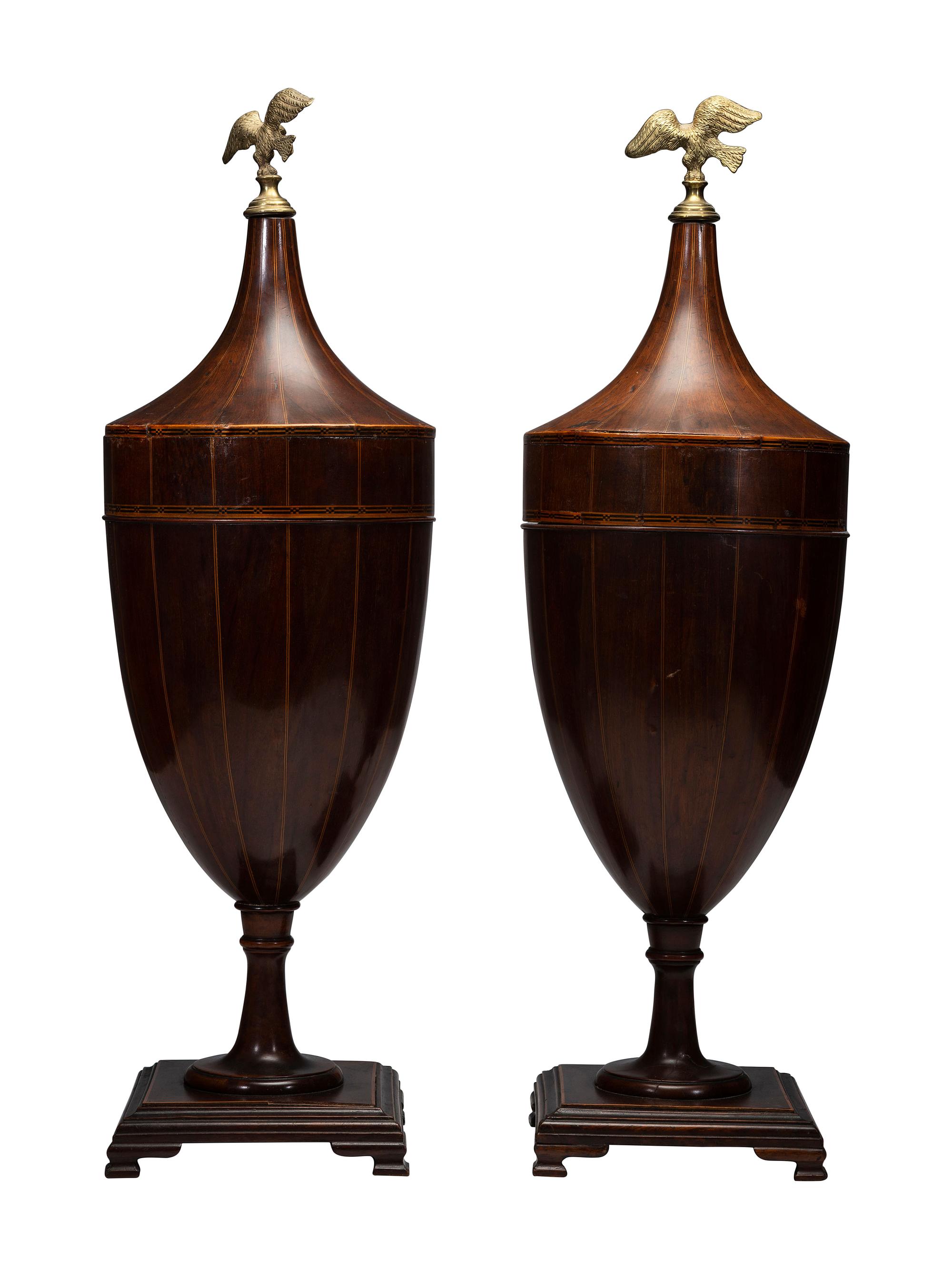A Pair of George III-Style Satinwood-Inlaid Mahogany Cutlery Urns