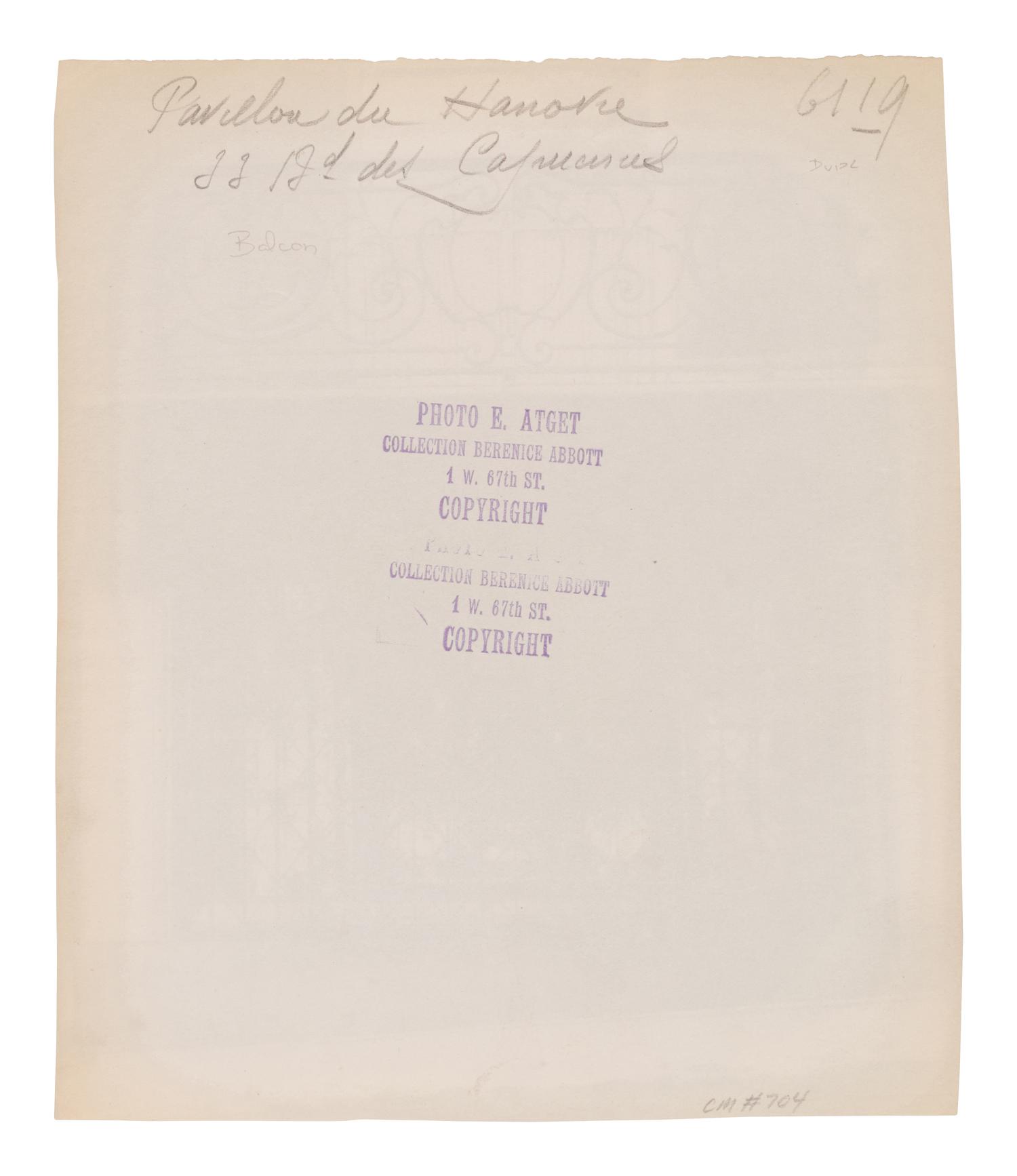 A group of four photographs ( Á la Coquille d'Or, rue de la Sourdière, 4e, 1908; Pavilion du Hanovre, boulevard des Capucines 33 , 1913; Fête du Trône , 1914; Fleurs [Boulevard Saint Michel] , 1926-1927)
