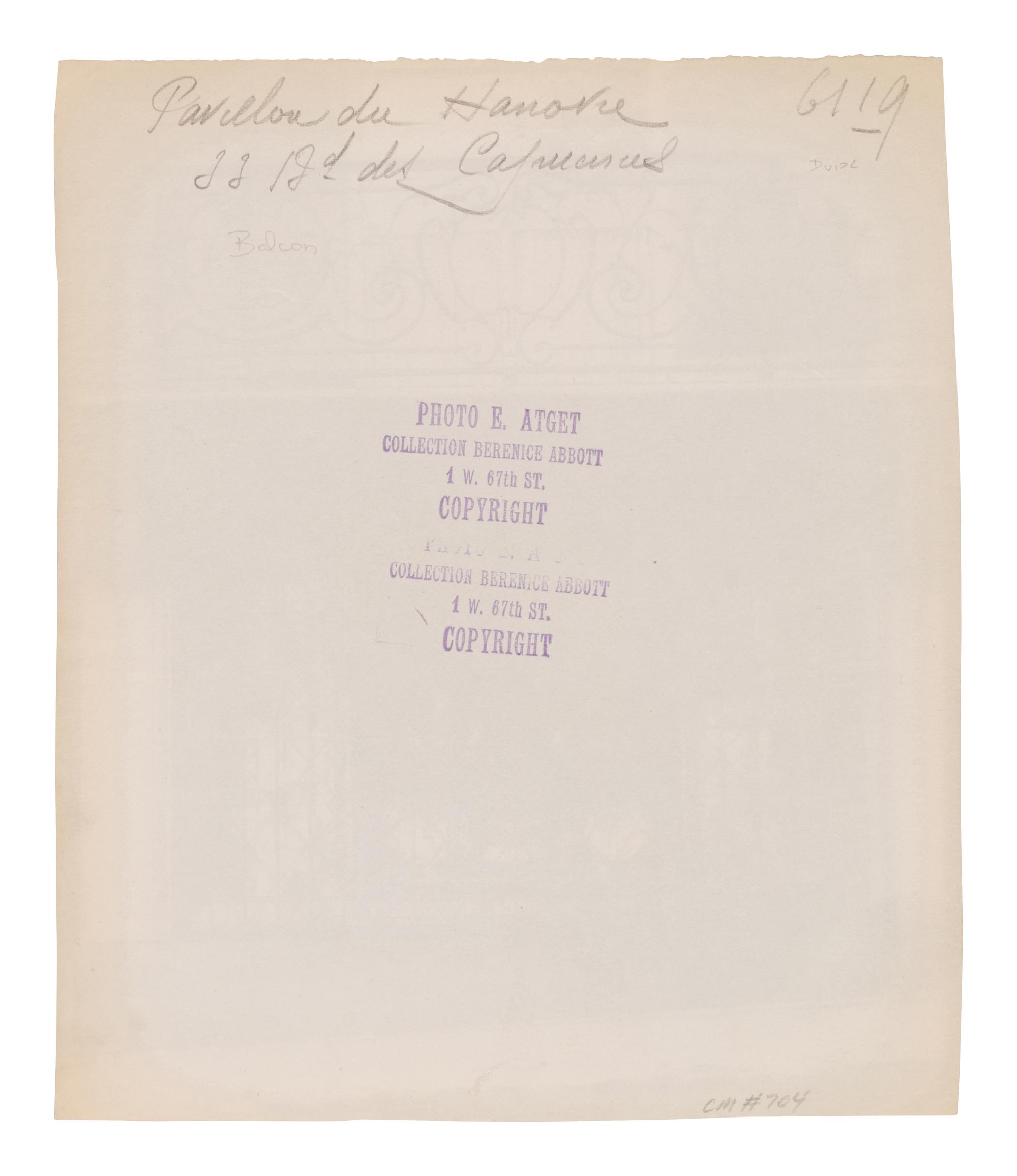 A group of four photographs ( Á la Coquille d'Or, rue de la Sourdière, 4e, 1908; Pavilion du Hanovre, boulevard des Capucines 33 , 1913; Fête du Trône , 1914; Fleurs [Boulevard Saint Michel] , 1926-1927)