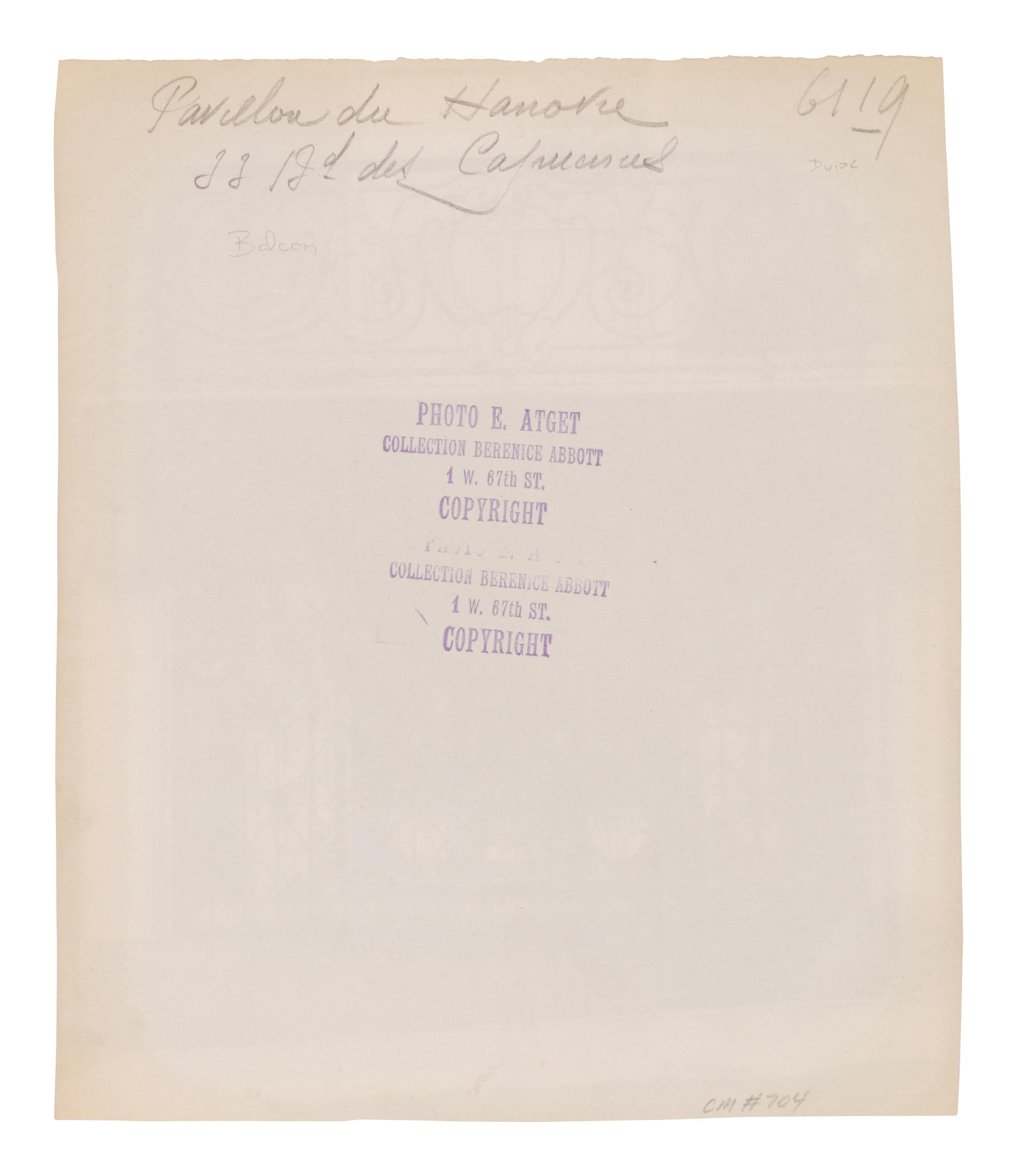 A group of four photographs ( Á la Coquille d'Or, rue de la Sourdière, 4e, 1908; Pavilion du Hanovre, boulevard des Capucines 33 , 1913; Fête du Trône , 1914; Fleurs [Boulevard Saint Michel] , 1926-1927)