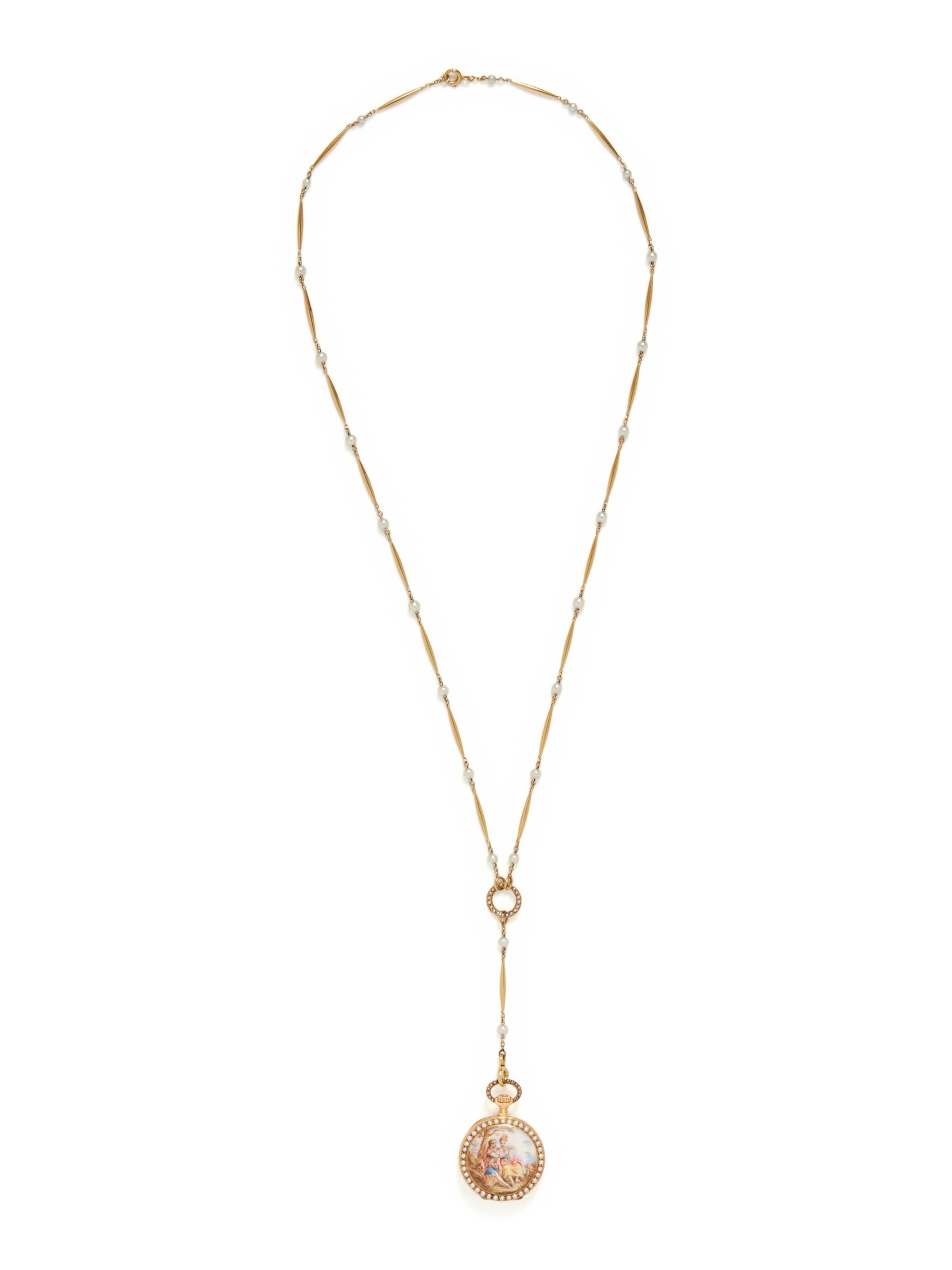 H.R. EKEGREN, J.E. CALDWELL, 18K YELLOW GOLD, ENAMEL, AND SEED PEARL PENDANT WATCH