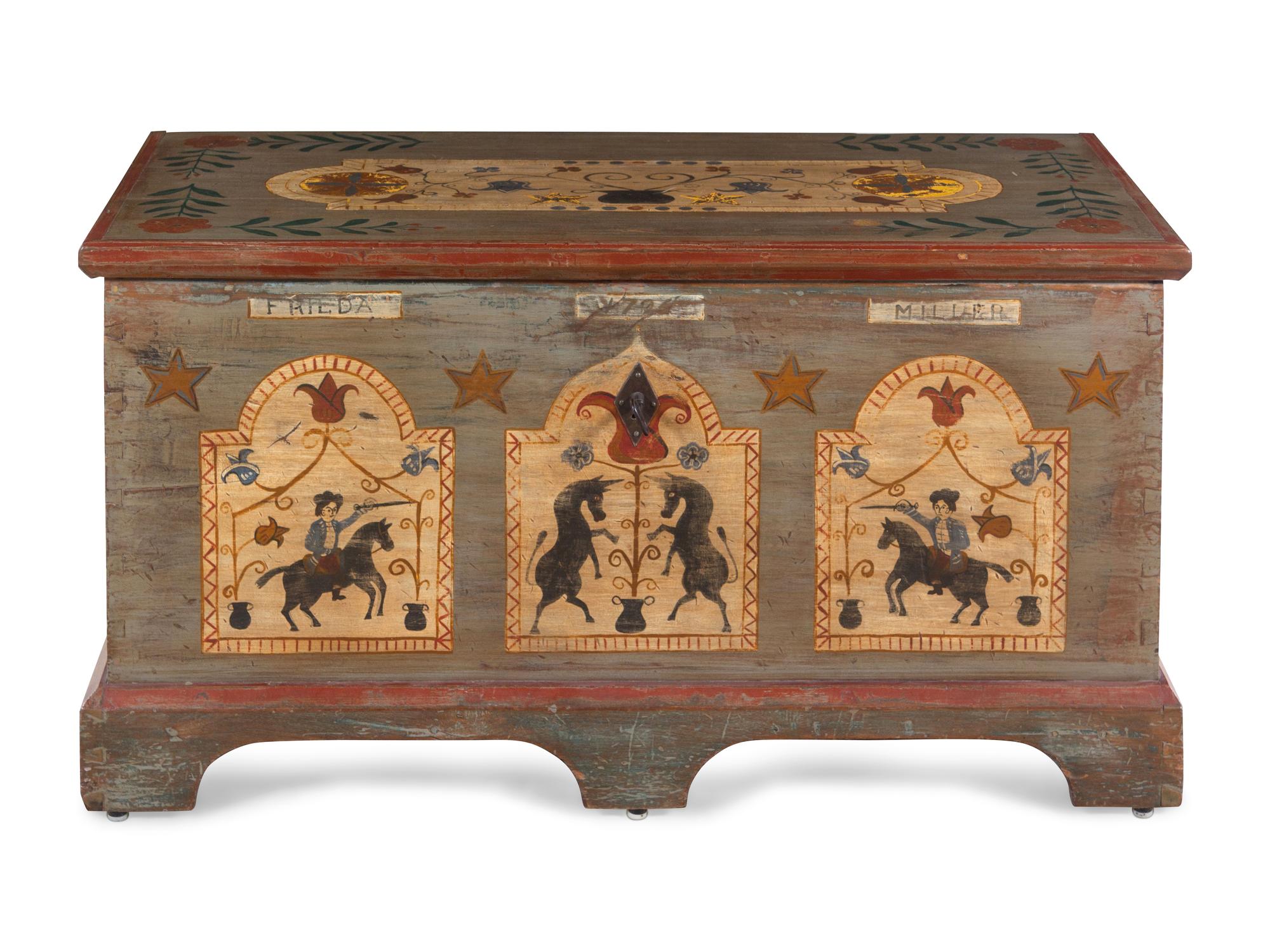 A Federal Polychrome Painted Unicorn Blanket Chest