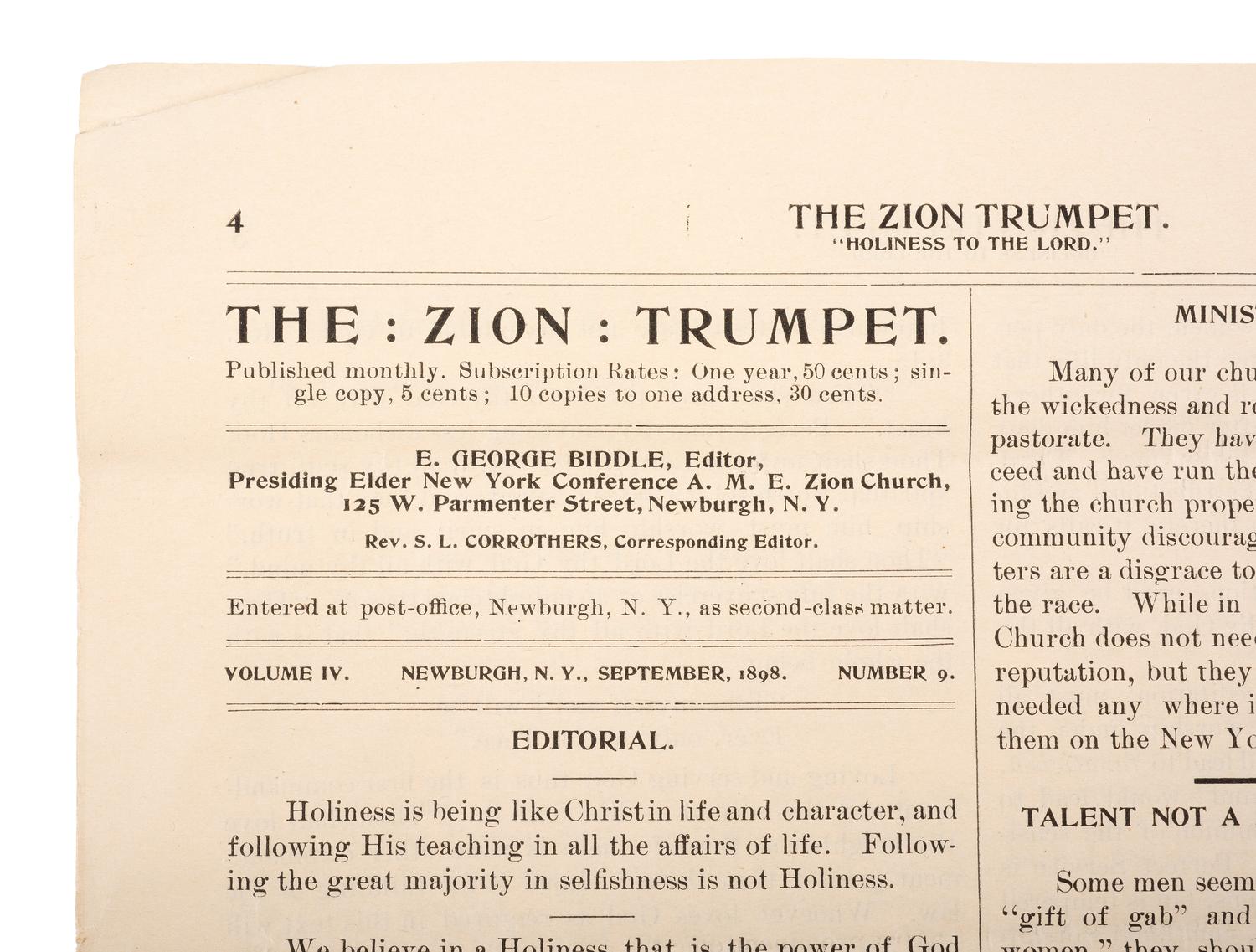 [CIVIL WAR]. Two issues of The Zion Trumpet , published by the Rev. Eli George Biddle (1846-1940), veteran of the 54th Massachusetts Infantry regiment.