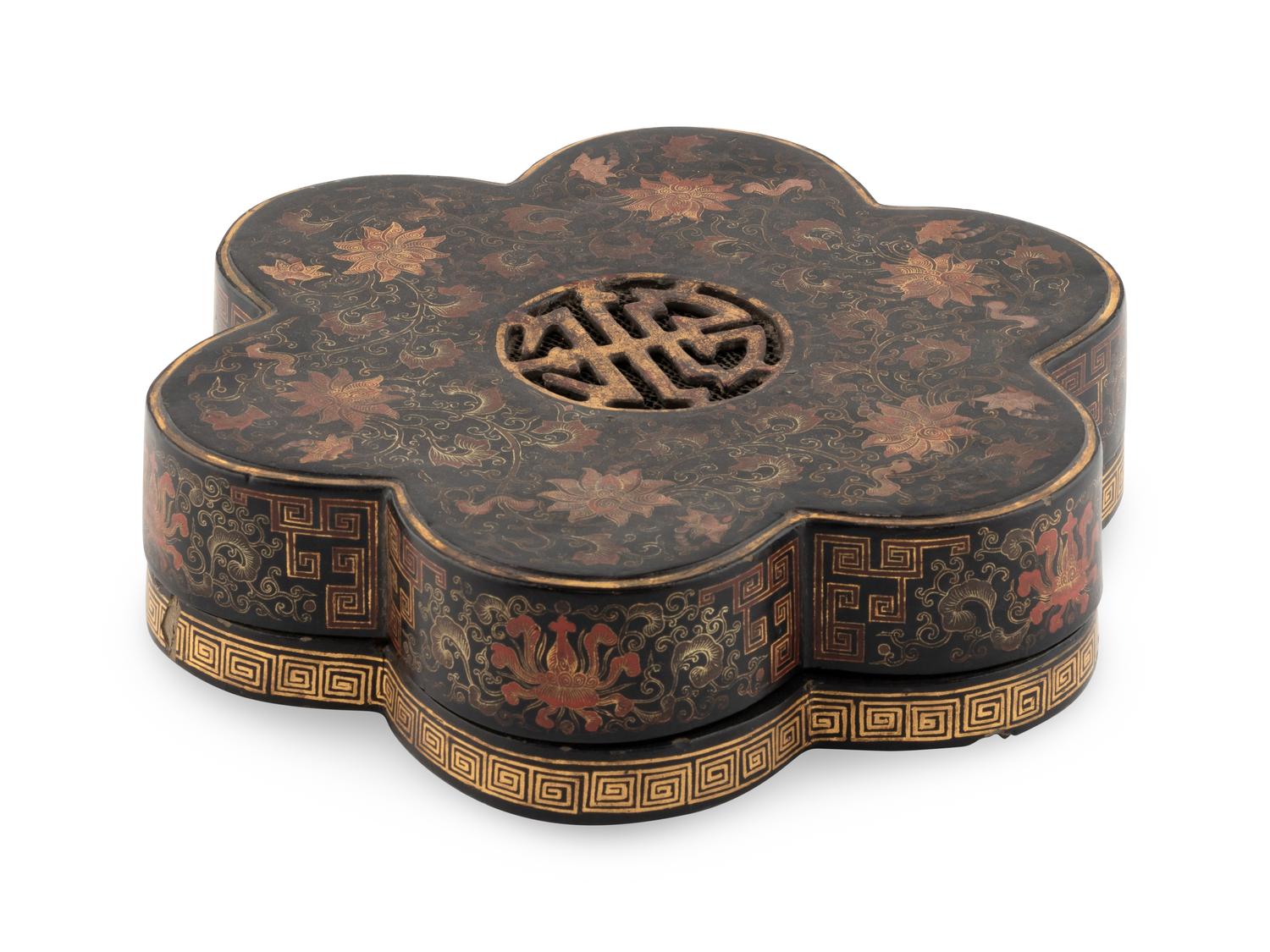 A Chinese Painted Black Lacquer Floriform Covered Box