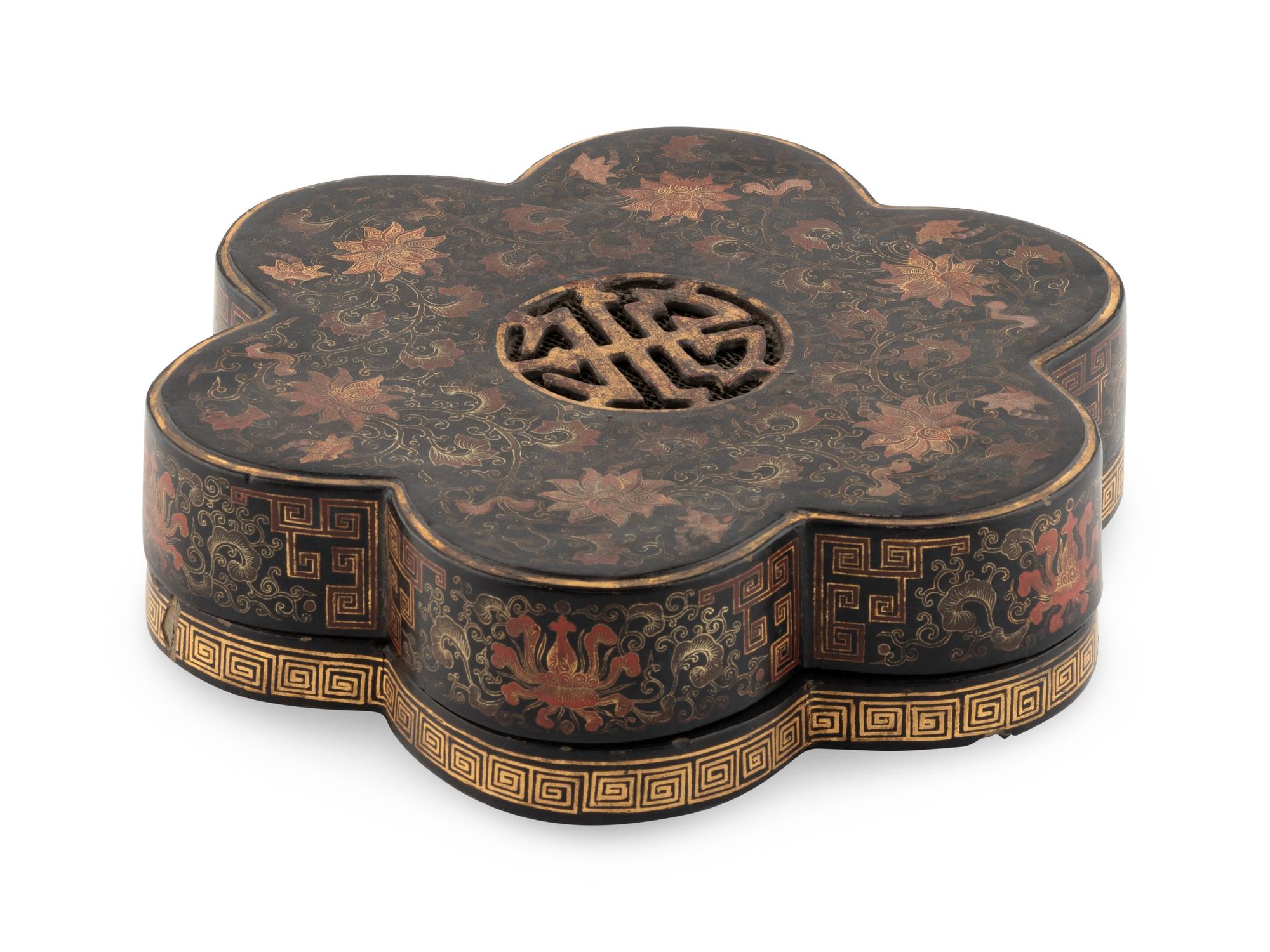 A Chinese Painted Black Lacquer Floriform Covered Box
