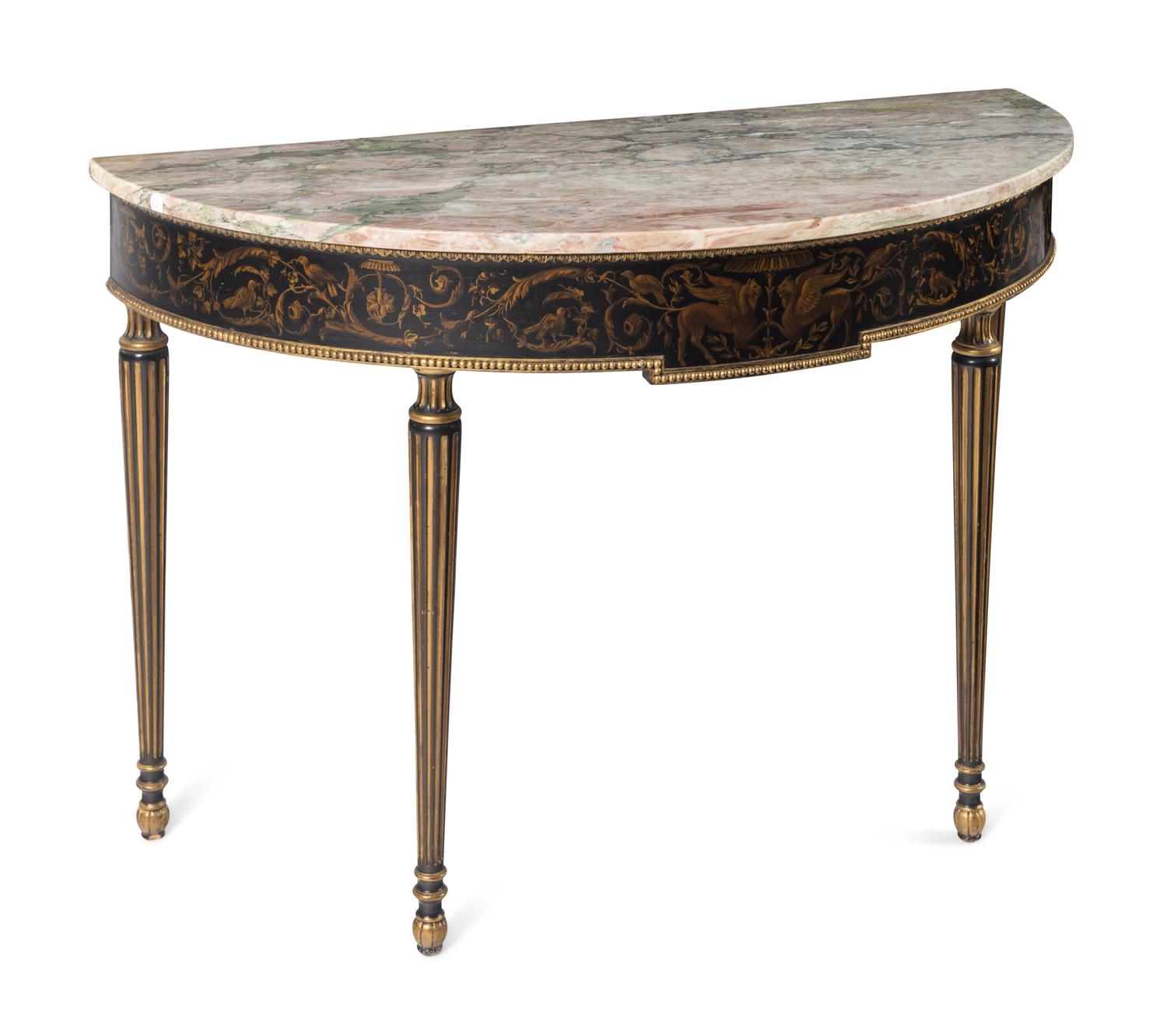 A Pair of Regency Style Painted Demilune Marble-Top Console Tables