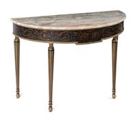 A Pair of Regency Style Painted Demilune Marble-Top Console Tables