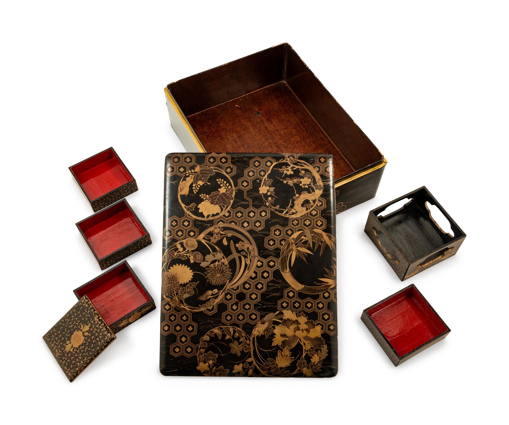 Two Japanese Gilt Decorated Black Lacquer Document Boxes, Ryoshibako