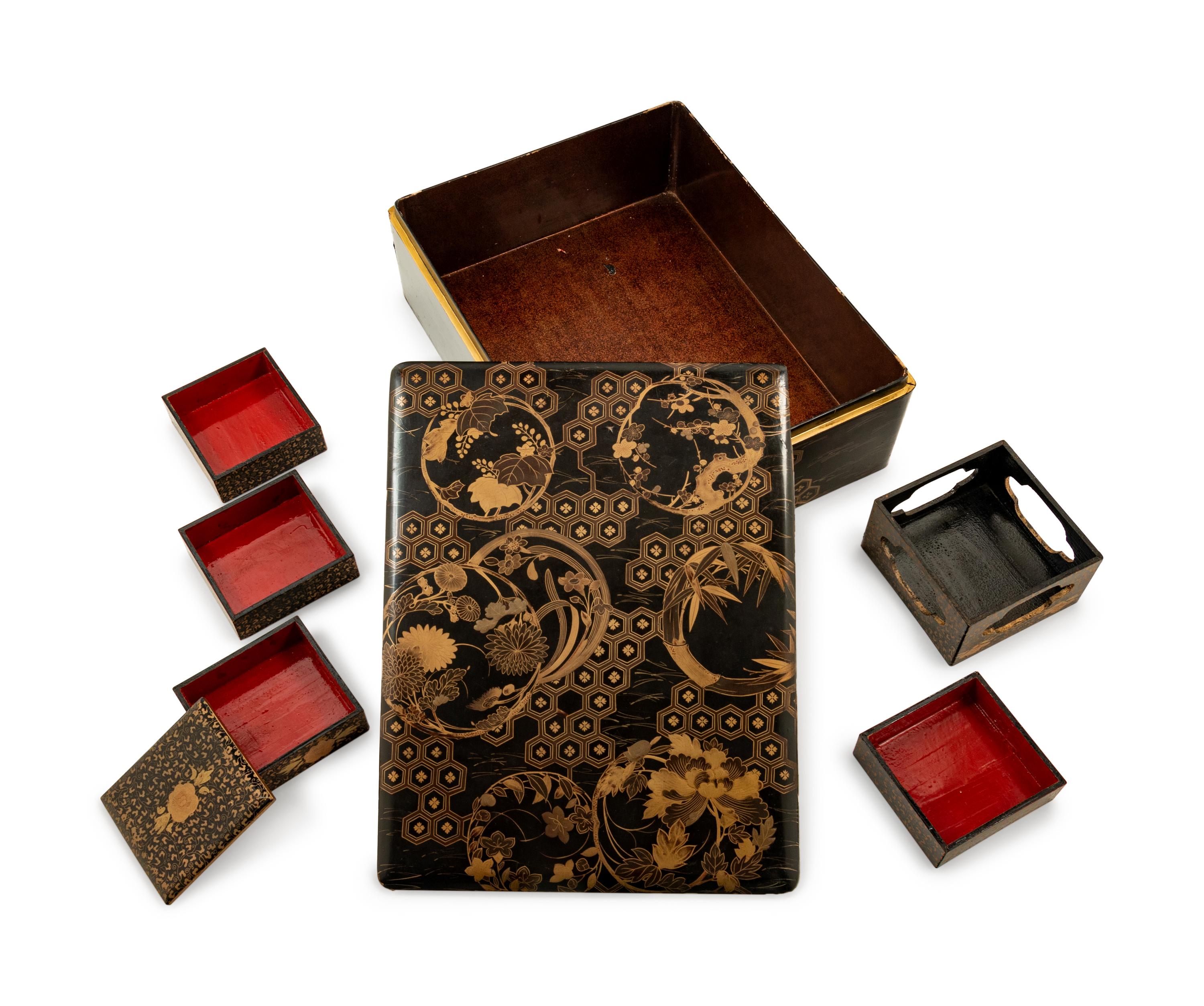 Two Japanese Gilt Decorated Black Lacquer Document Boxes, Ryoshibako