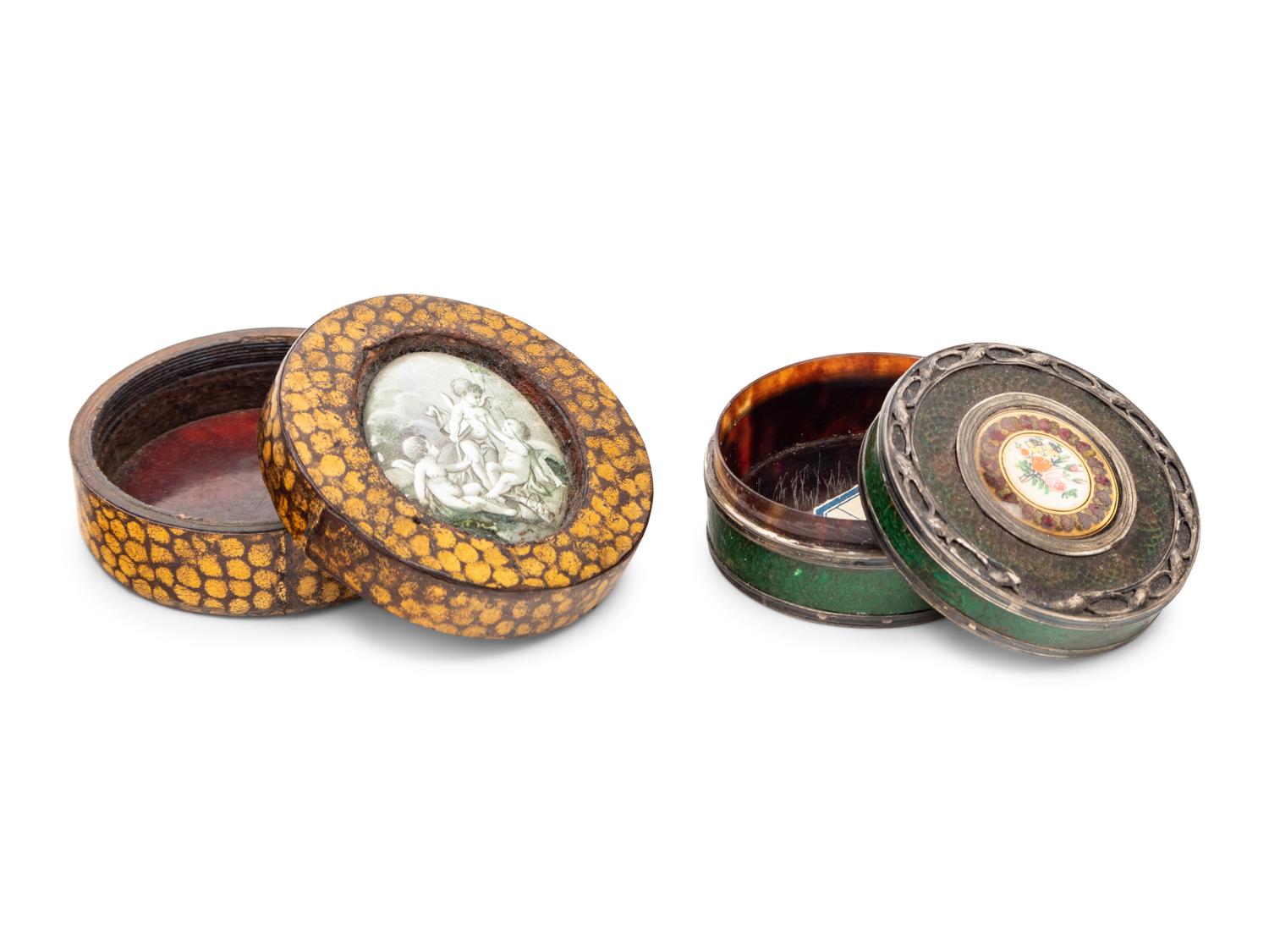 Two Continental Polychrome Decorated Tortoiseshell Snuff Boxes
