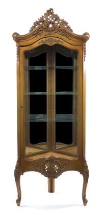 A Louis XV Style Giltwood Corner Vitrine, Height 71 x width 28 x depth 14 1/2 inches.