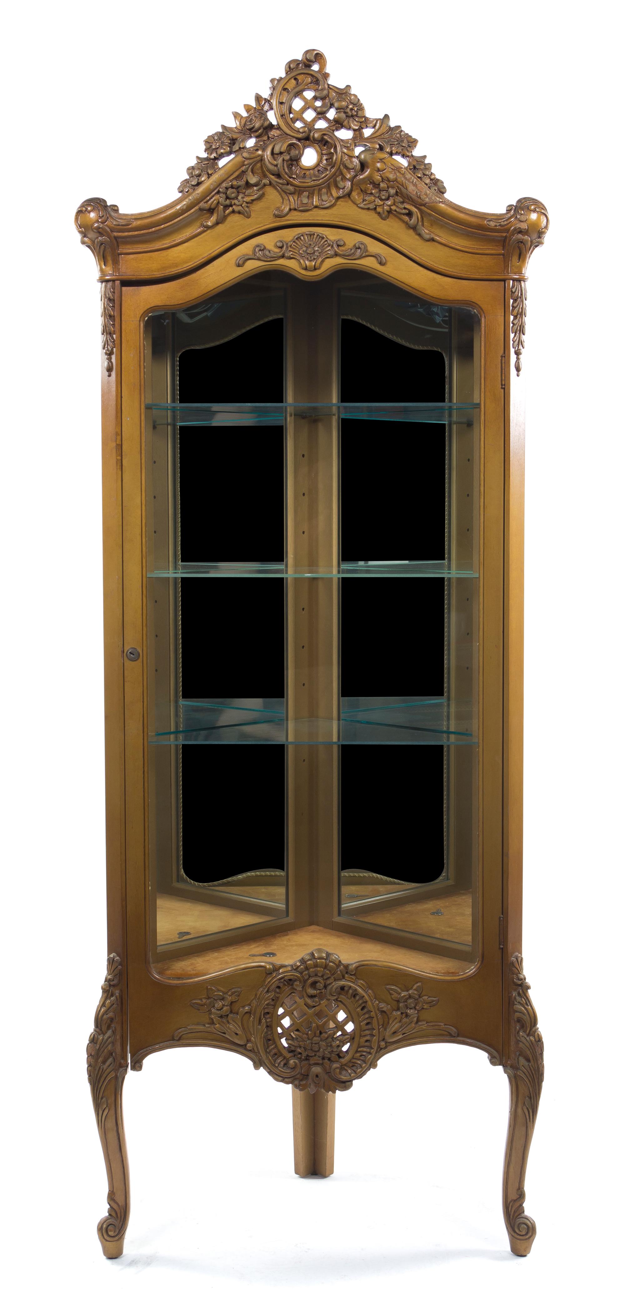 A Louis XV Style Giltwood Corner Vitrine, Height 71 x width 28 x depth 14 1/2 inches.