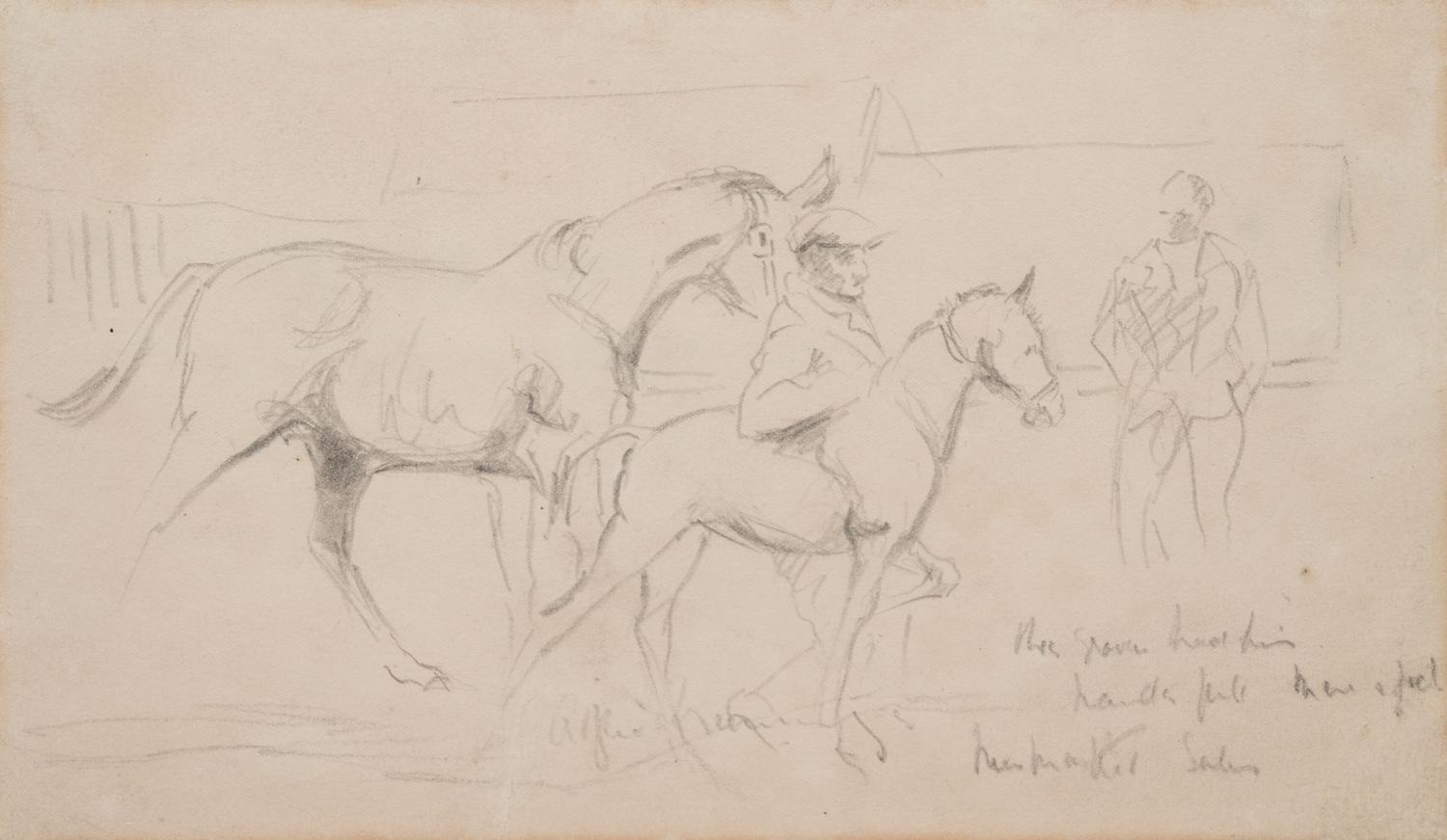A Mare and Foal with a Groom and a Figure in the Background at Newmarket Sales