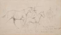 A Mare and Foal with a Groom and a Figure in the Background at Newmarket Sales