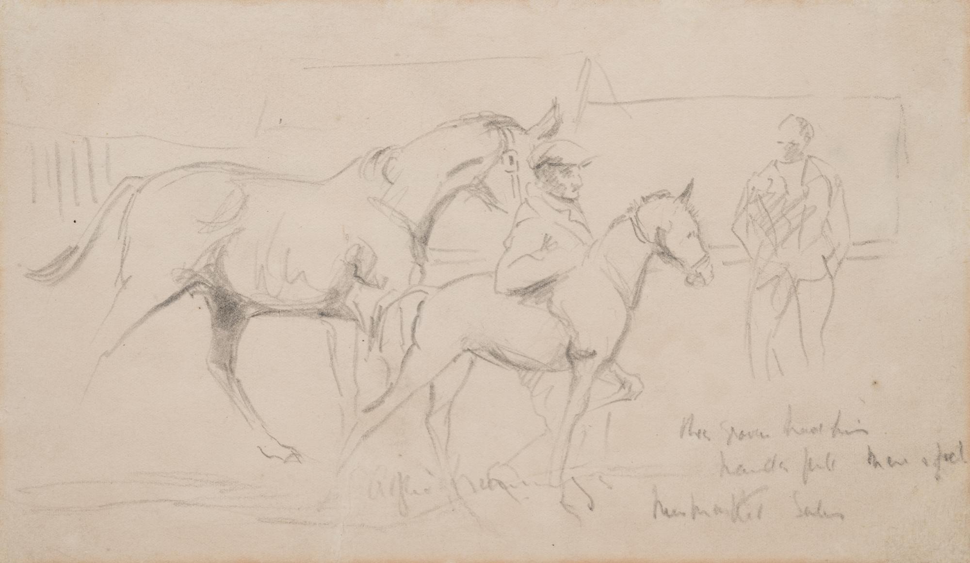 A Mare and Foal with a Groom and a Figure in the Background at Newmarket Sales