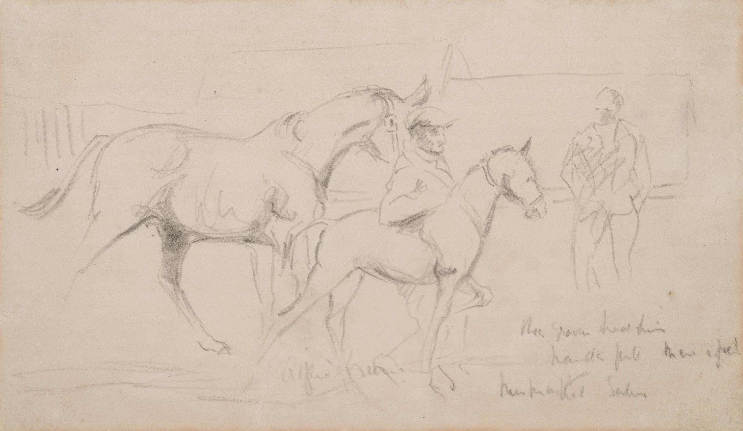 A Mare and Foal with a Groom and a Figure in the Background at Newmarket Sales