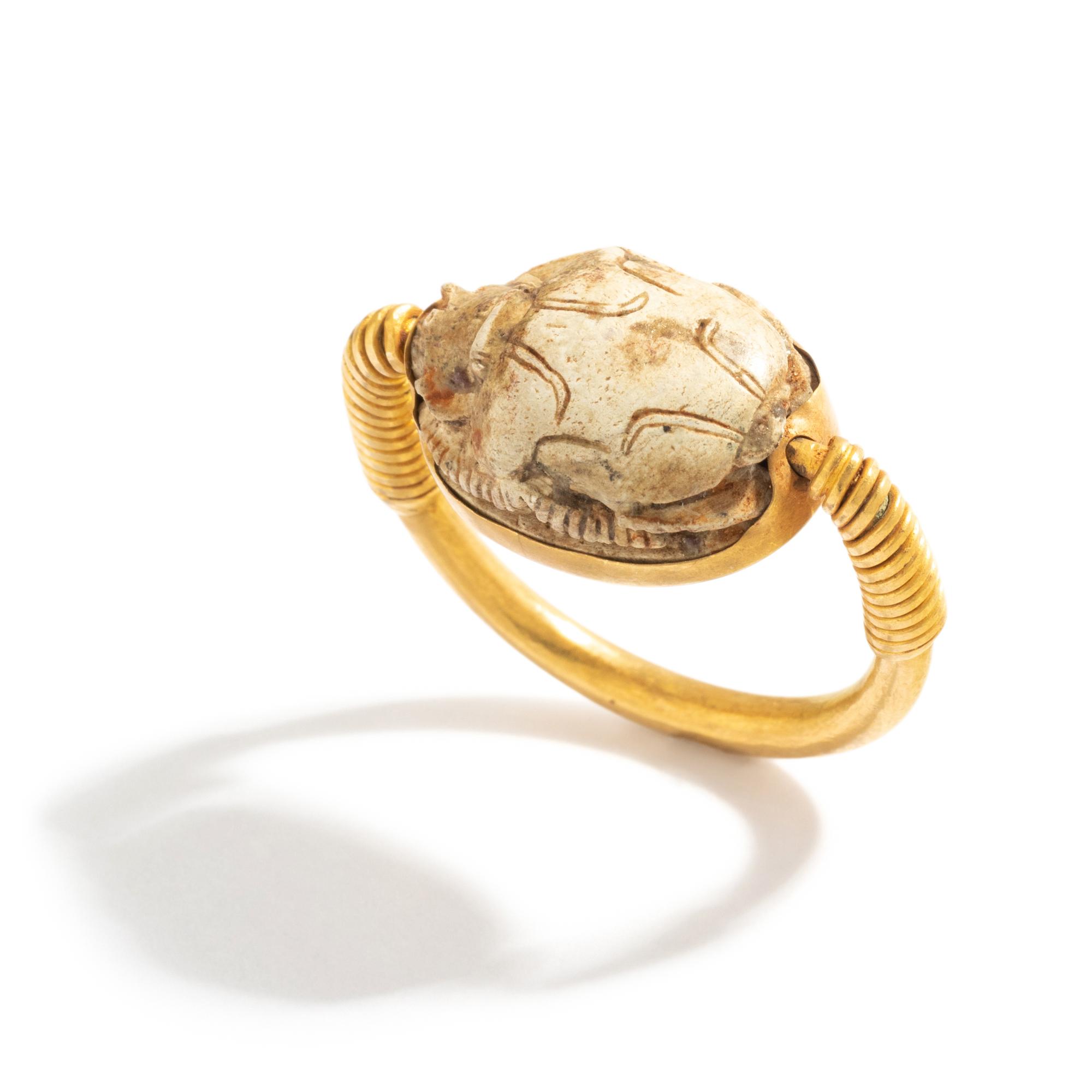 An Egyptian Gold and Steatite Scarab Swivel Ring