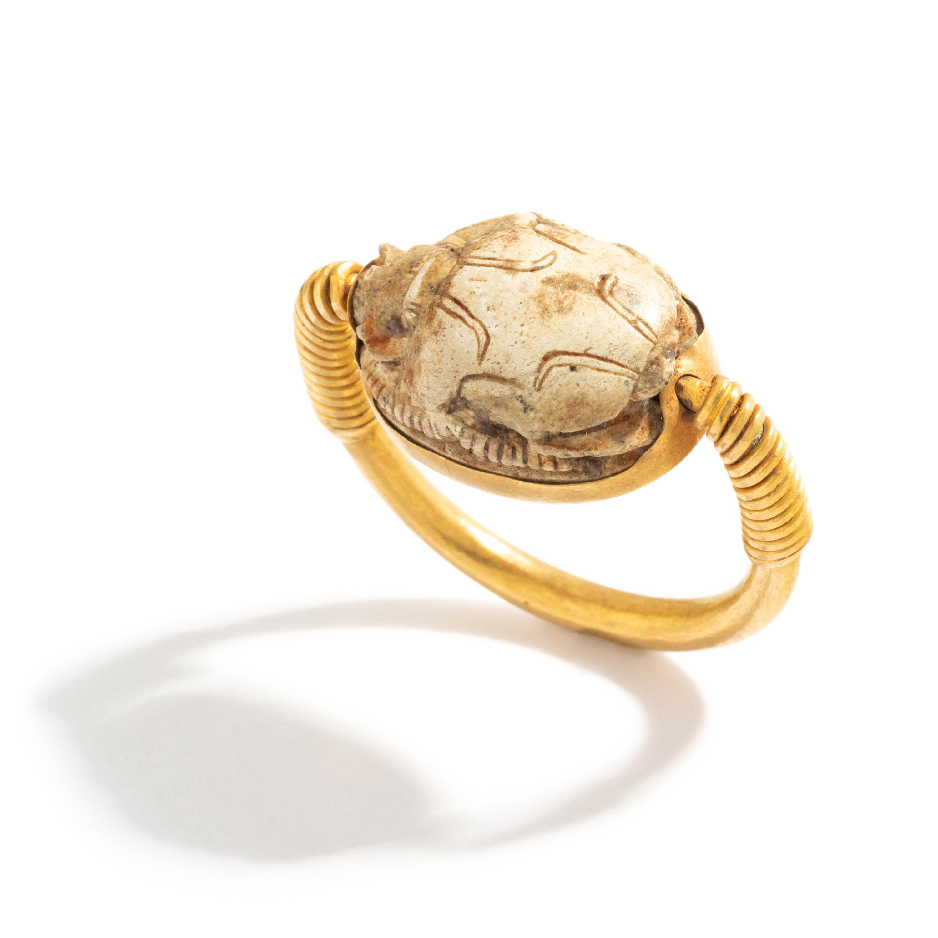 An Egyptian Gold and Steatite Scarab Swivel Ring