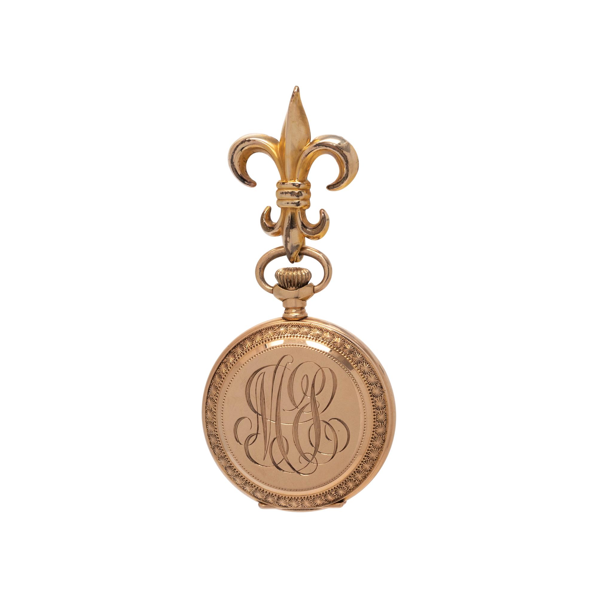 ELGIN, 14K YELLOW GOLD HUNTER CASE POCKET WATCH WITH GOLD-FILLED LAPEL BROOCH