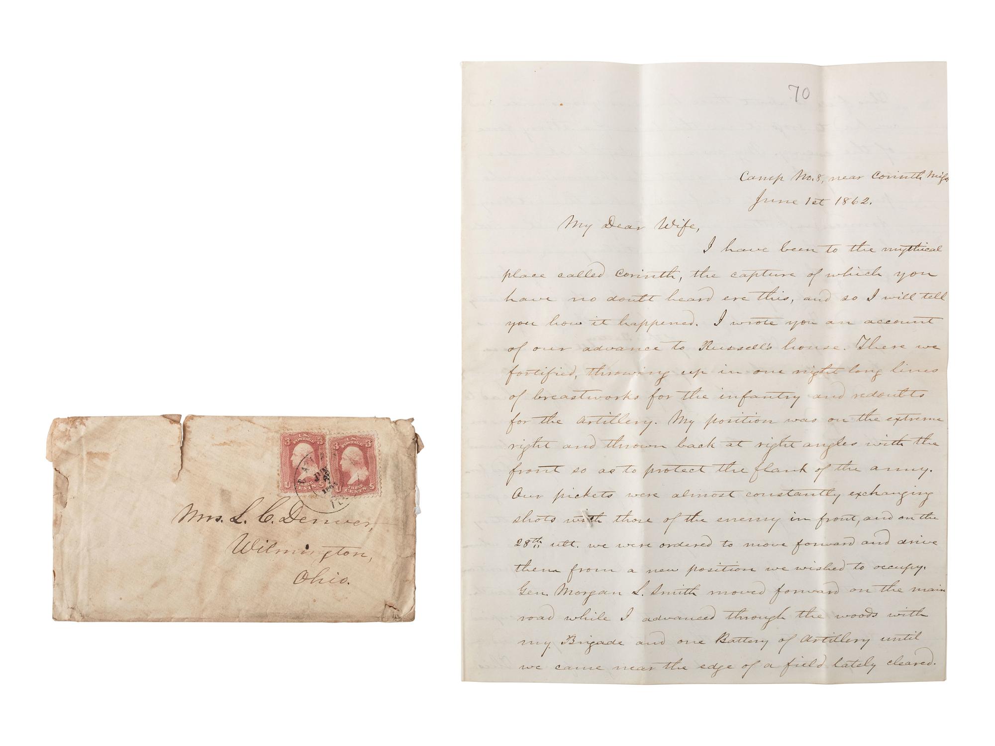 [CIVIL WAR]. DENVER, James W. (1817-1892). Autograph letter signed ("J.W. Denver") as brigadier general, describing the May 1862 siege and battle of Corinth. "Camp No. 8, near Corinth, Miss," 1 June 1862.