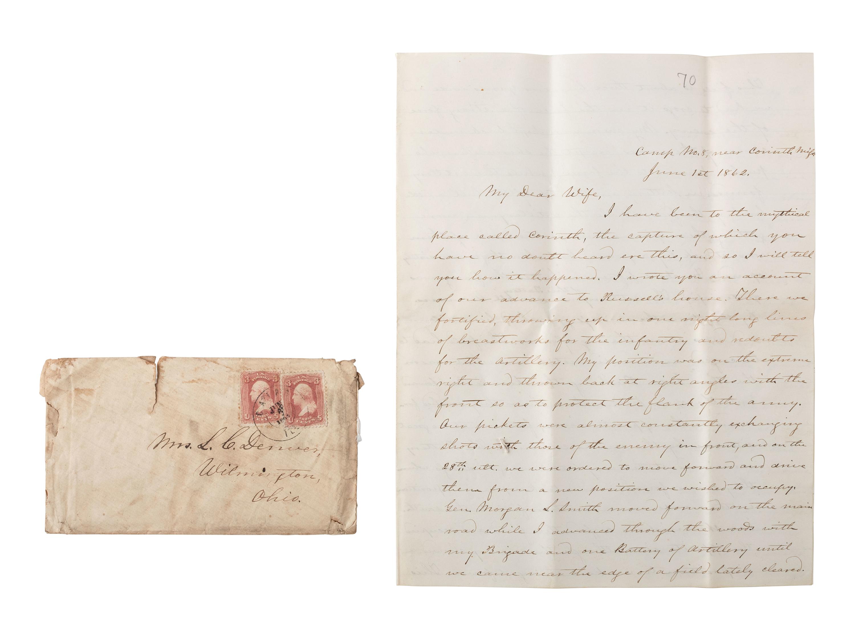 [CIVIL WAR]. DENVER, James W. (1817-1892). Autograph letter signed ("J.W. Denver") as brigadier general, describing the May 1862 siege and battle of Corinth. "Camp No. 8, near Corinth, Miss," 1 June 1862.