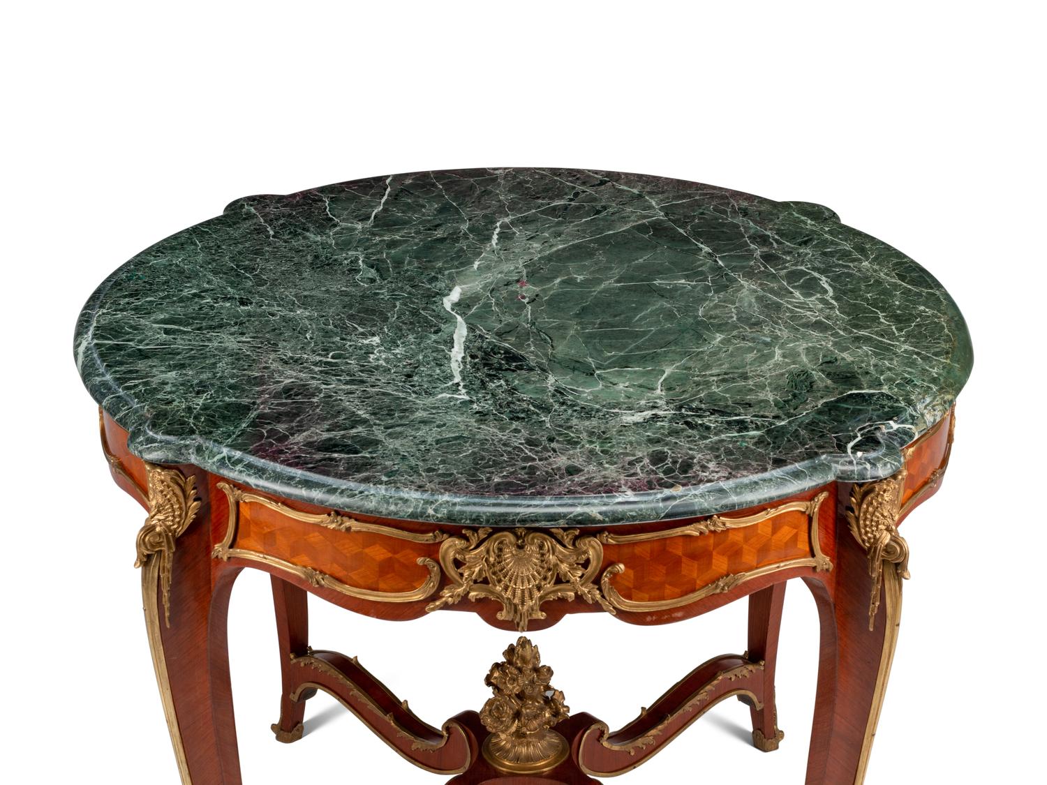 A Louis XV Style Gilt Bronze Mounted Parquetry Marble-Top Center Table
