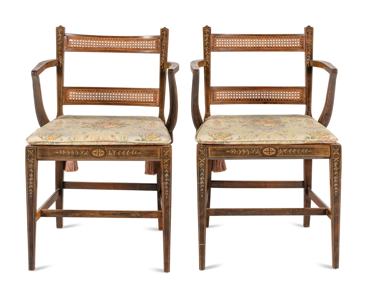 A Pair of Edwardian Painted and Caned Armchairs