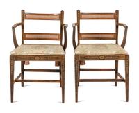 A Pair of Edwardian Painted and Caned Armchairs